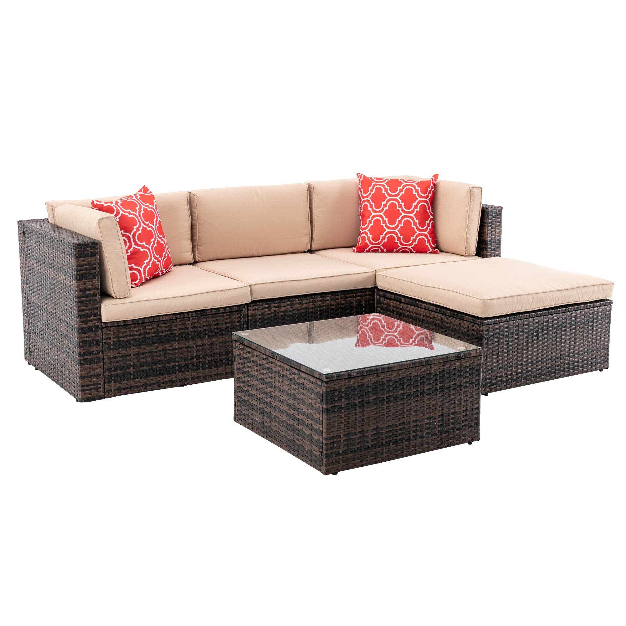 5 Pieces Outdoor Rattan Garden Patio Sectional Cushioned Sofa Sets with 2 Pillows and Coffee Table