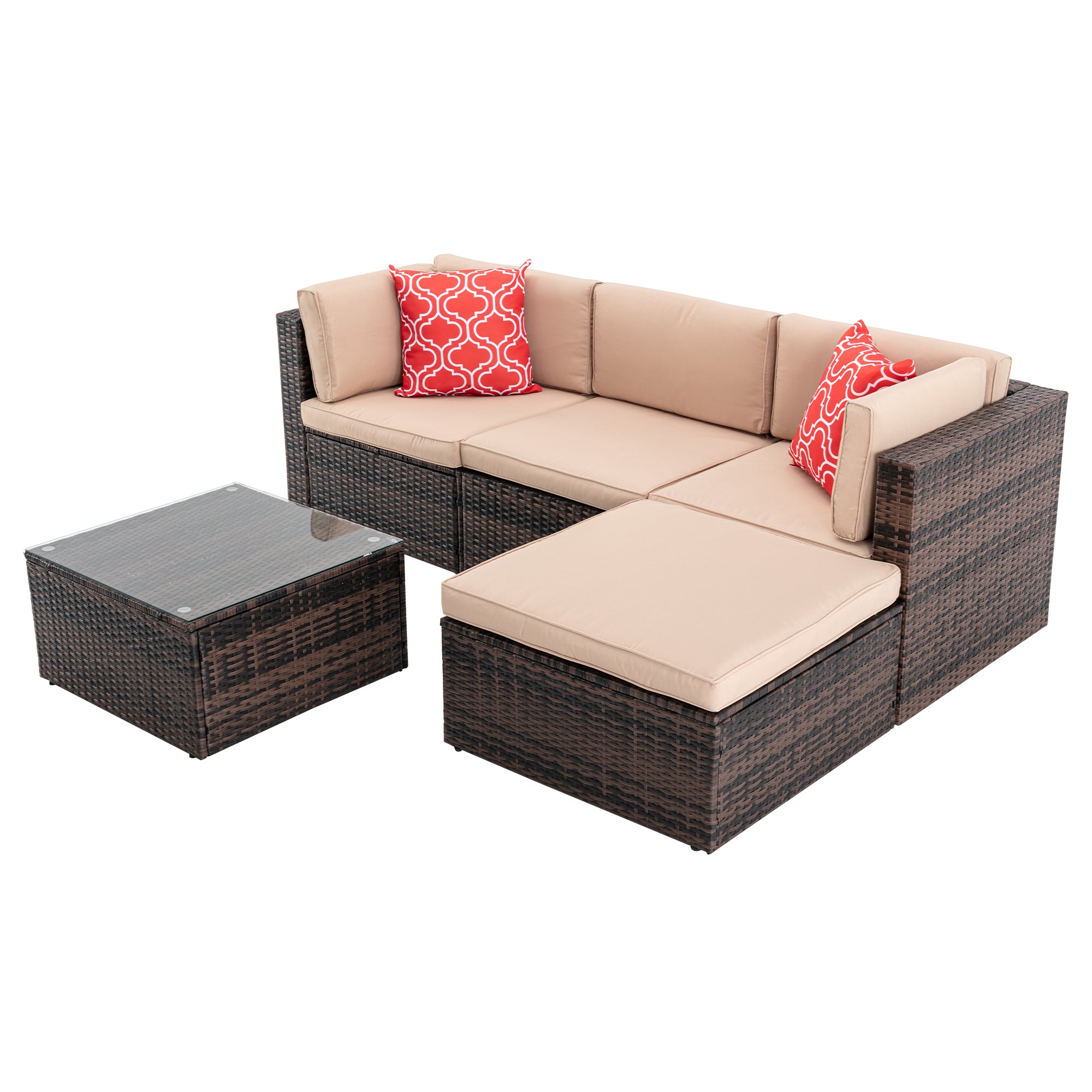 5 Pieces Outdoor Rattan Garden Patio Sectional Cushioned Sofa Sets with 2 Pillows and Coffee Table