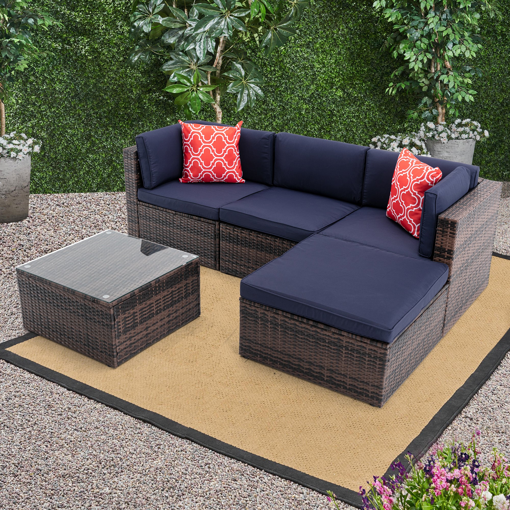 5 Pieces Outdoor Rattan Garden Patio Sectional Cushioned Sofa Sets with 2 Pillows and Coffee Table