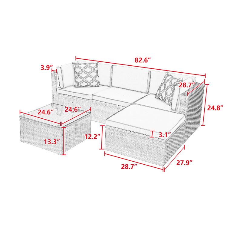 5 Pieces Outdoor Rattan Garden Patio Sectional Cushioned Sofa Sets with 2 Pillows and Coffee Table
