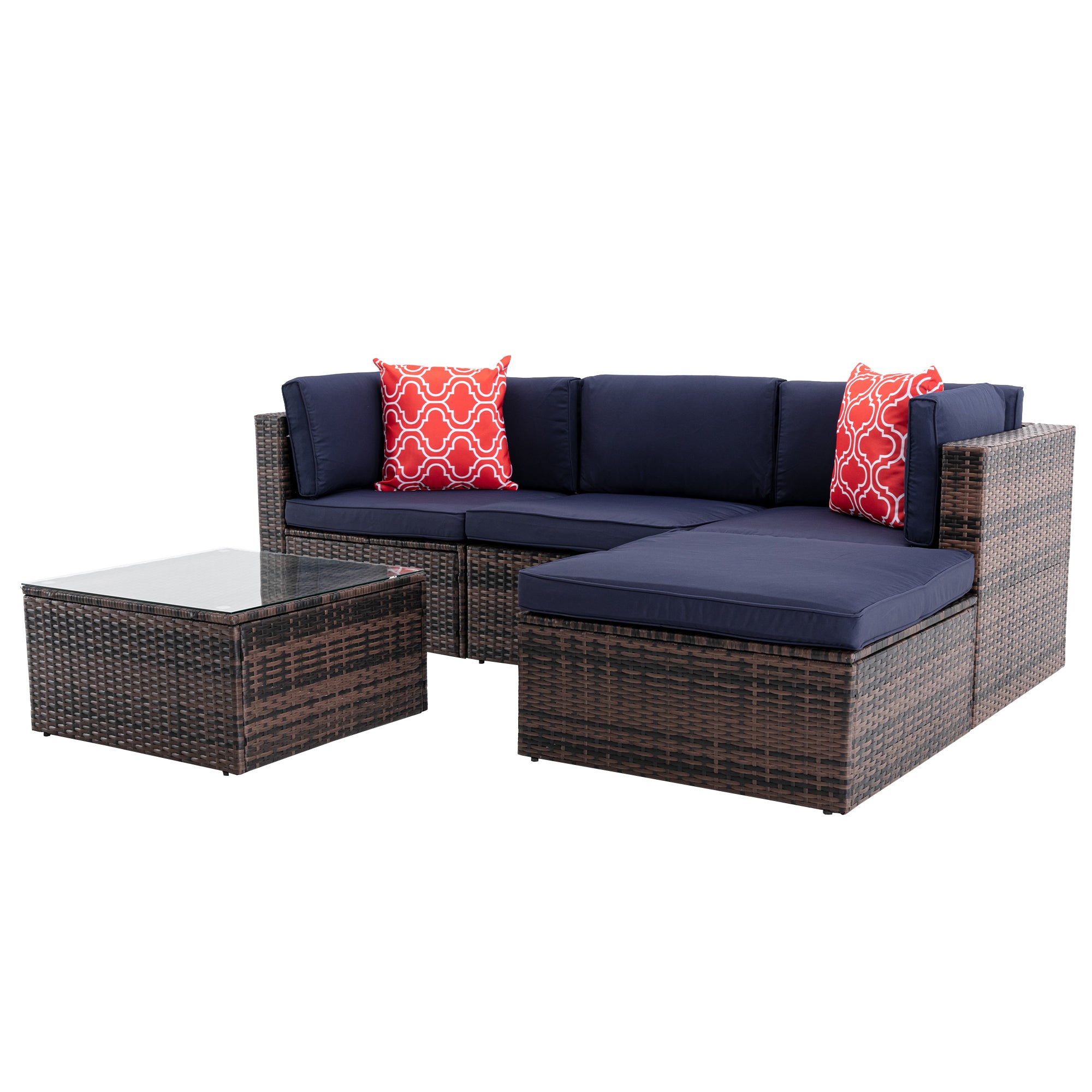 5 Pieces Outdoor Rattan Garden Patio Sectional Cushioned Sofa Sets with 2 Pillows and Coffee Table