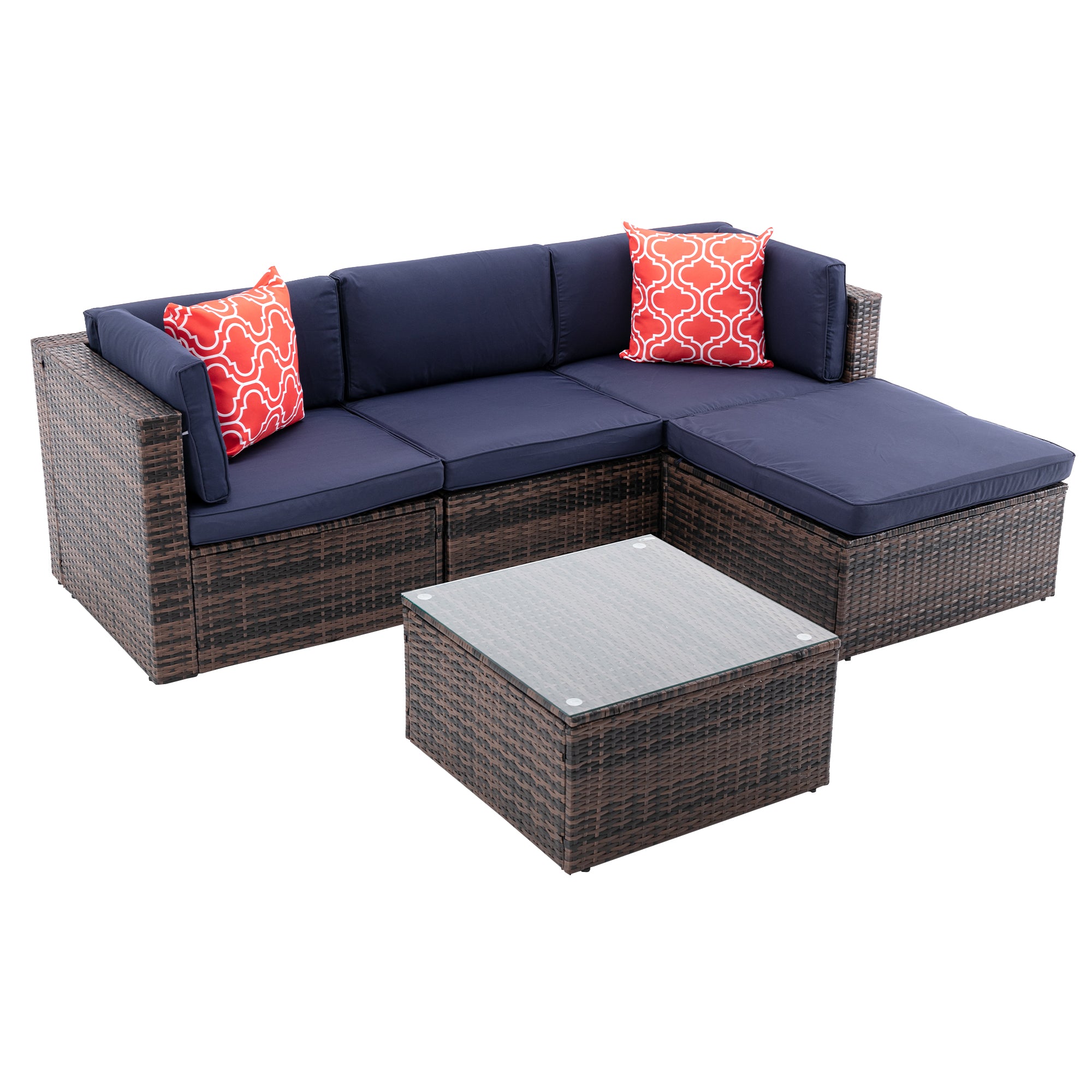 5 Pieces Outdoor Rattan Garden Patio Sectional Cushioned Sofa Sets with 2 Pillows and Coffee Table