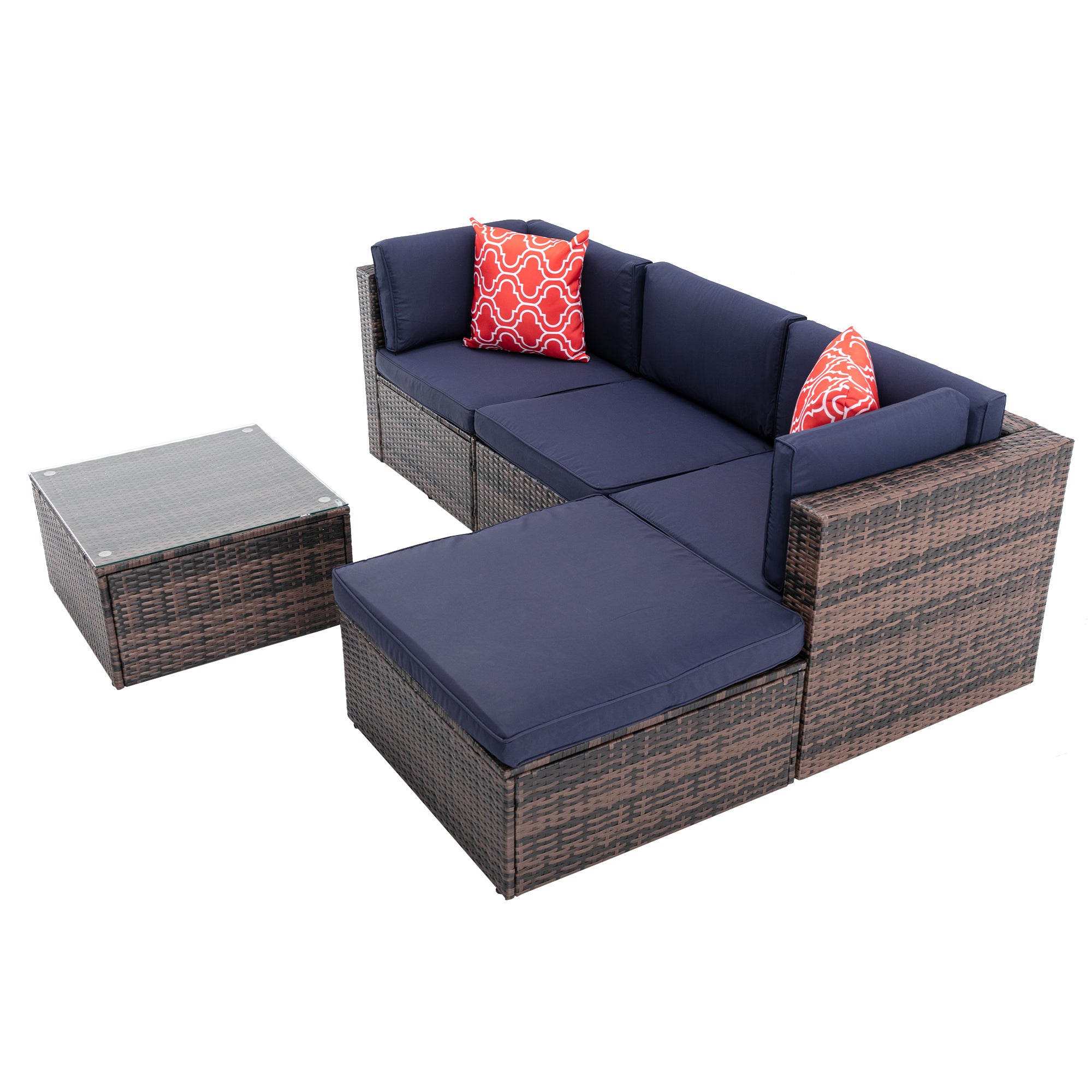 5 Pieces Outdoor Rattan Garden Patio Sectional Cushioned Sofa Sets with 2 Pillows and Coffee Table