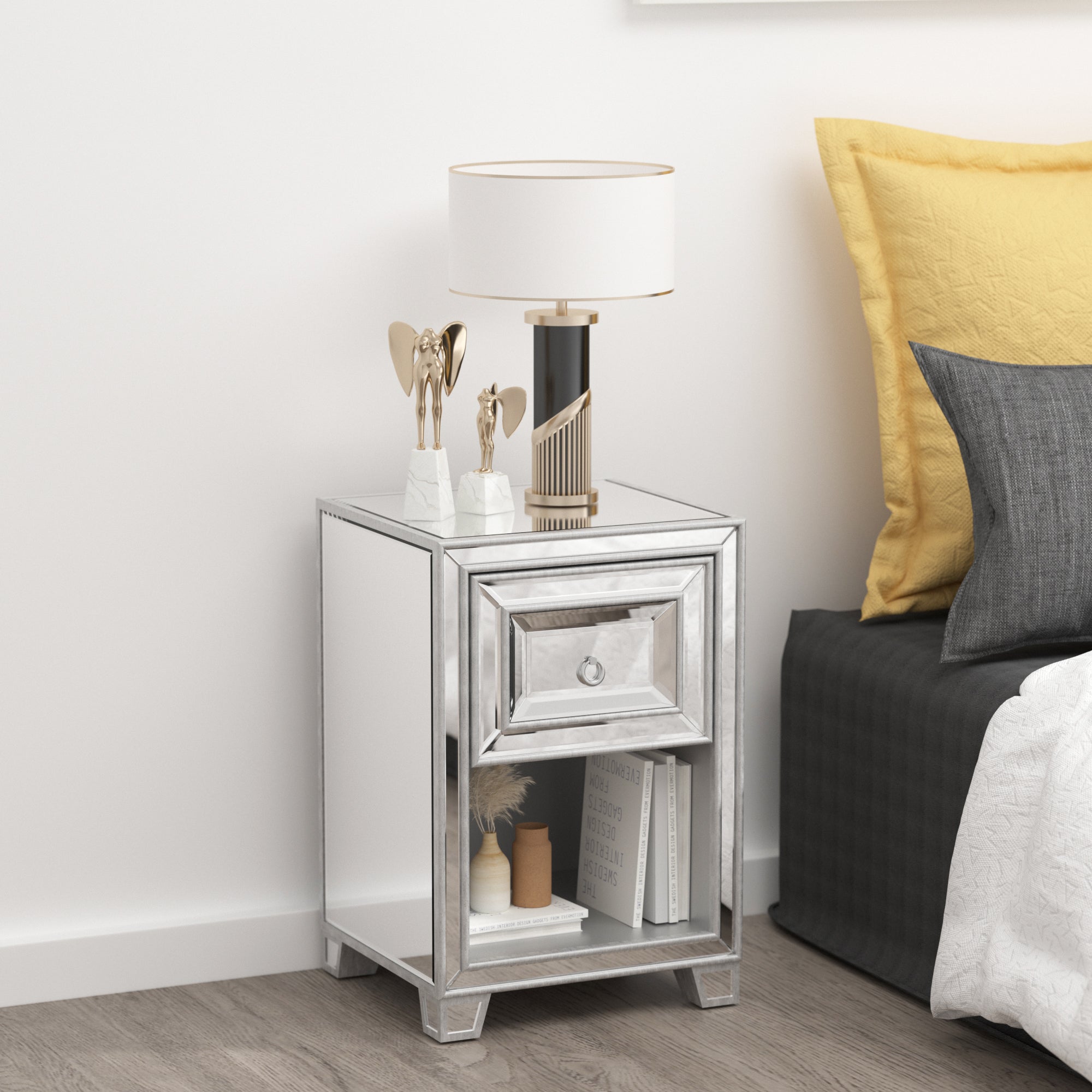 1-Drawer Wood Nightstand with Open Storage