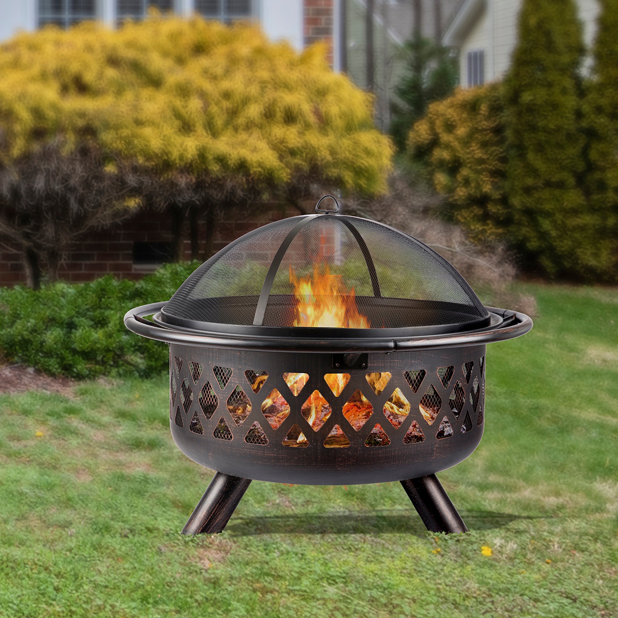 Round Iron Outdoor Fire Pit with Spark Screen