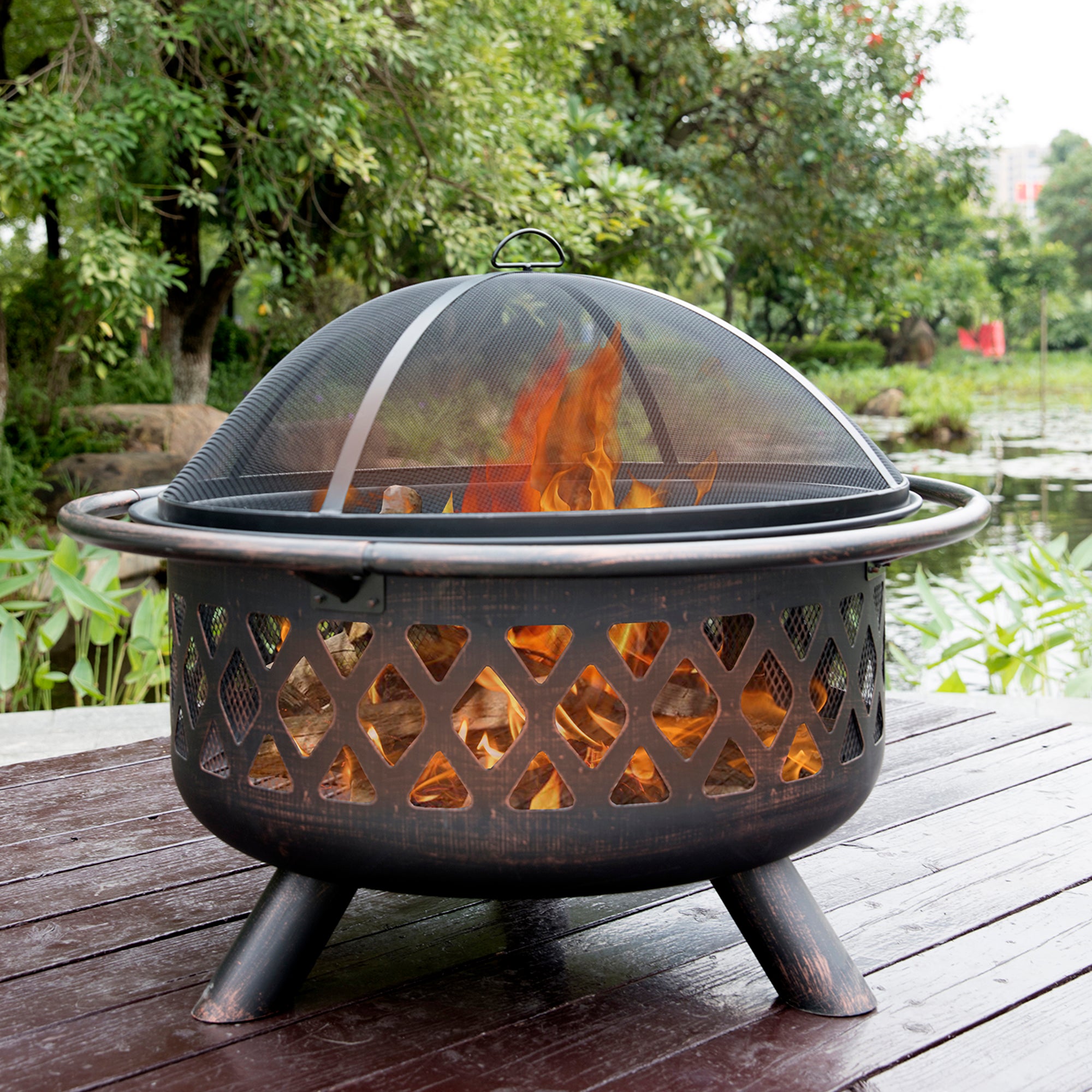 Round Iron Outdoor Fire Pit with Spark Screen