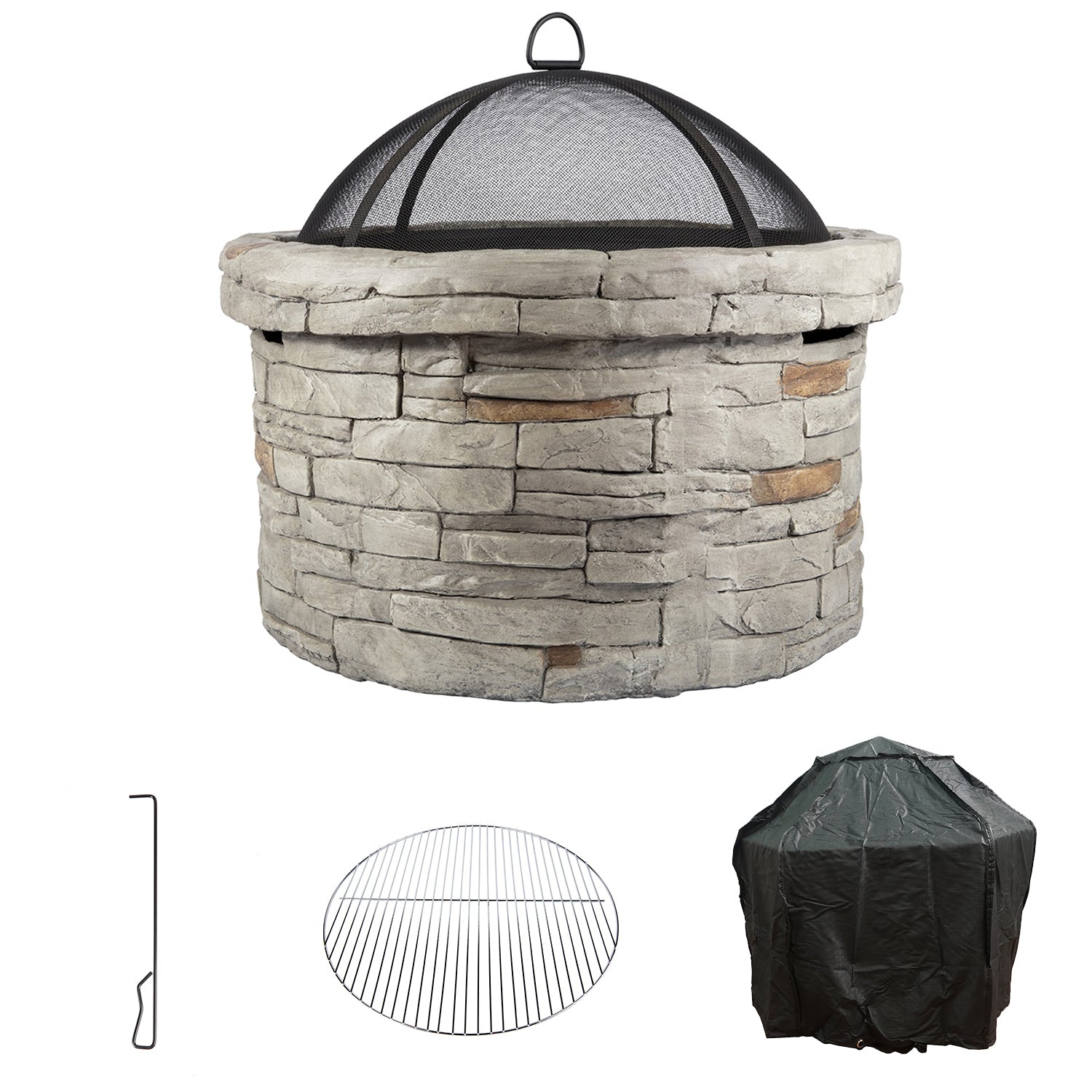 Round Faux Stone Outdoor Fire Pit with Rain Cover