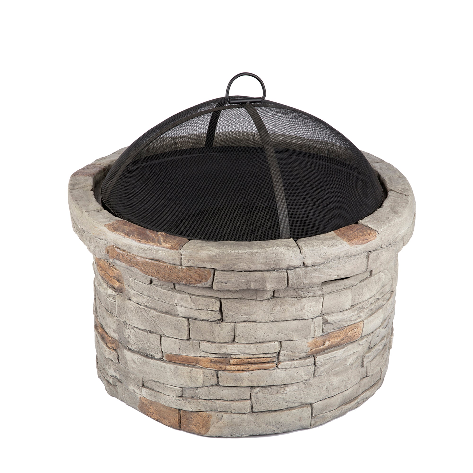 Round Faux Stone Outdoor Fire Pit with Rain Cover