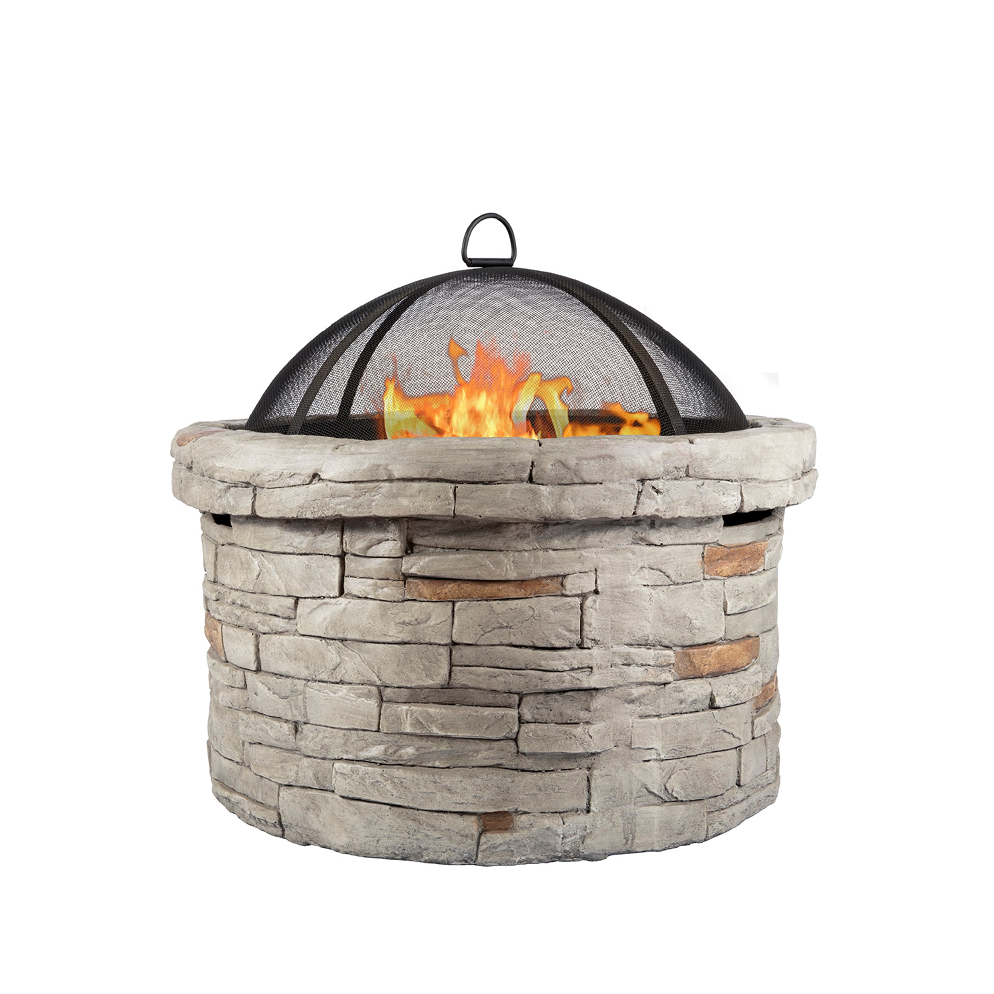 Round Faux Stone Outdoor Fire Pit with Rain Cover
