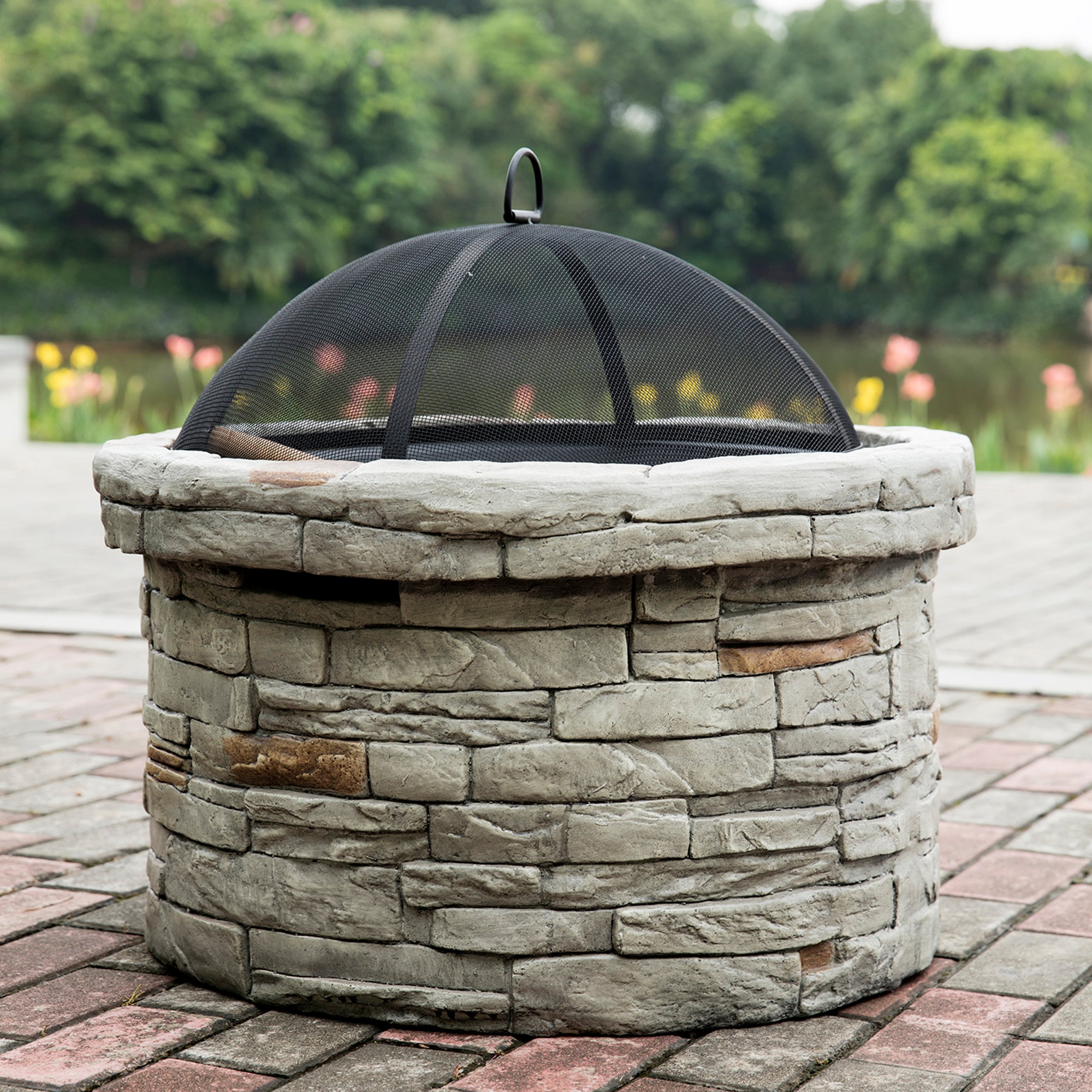 Round Faux Stone Outdoor Fire Pit with Rain Cover
