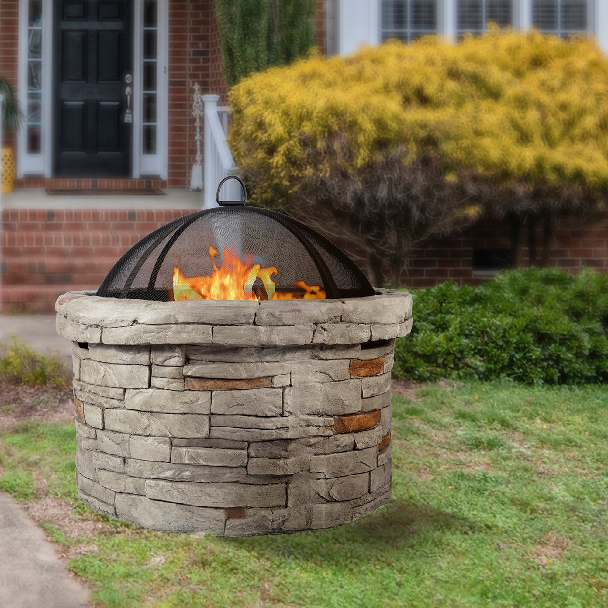 Round Faux Stone Outdoor Fire Pit with Rain Cover