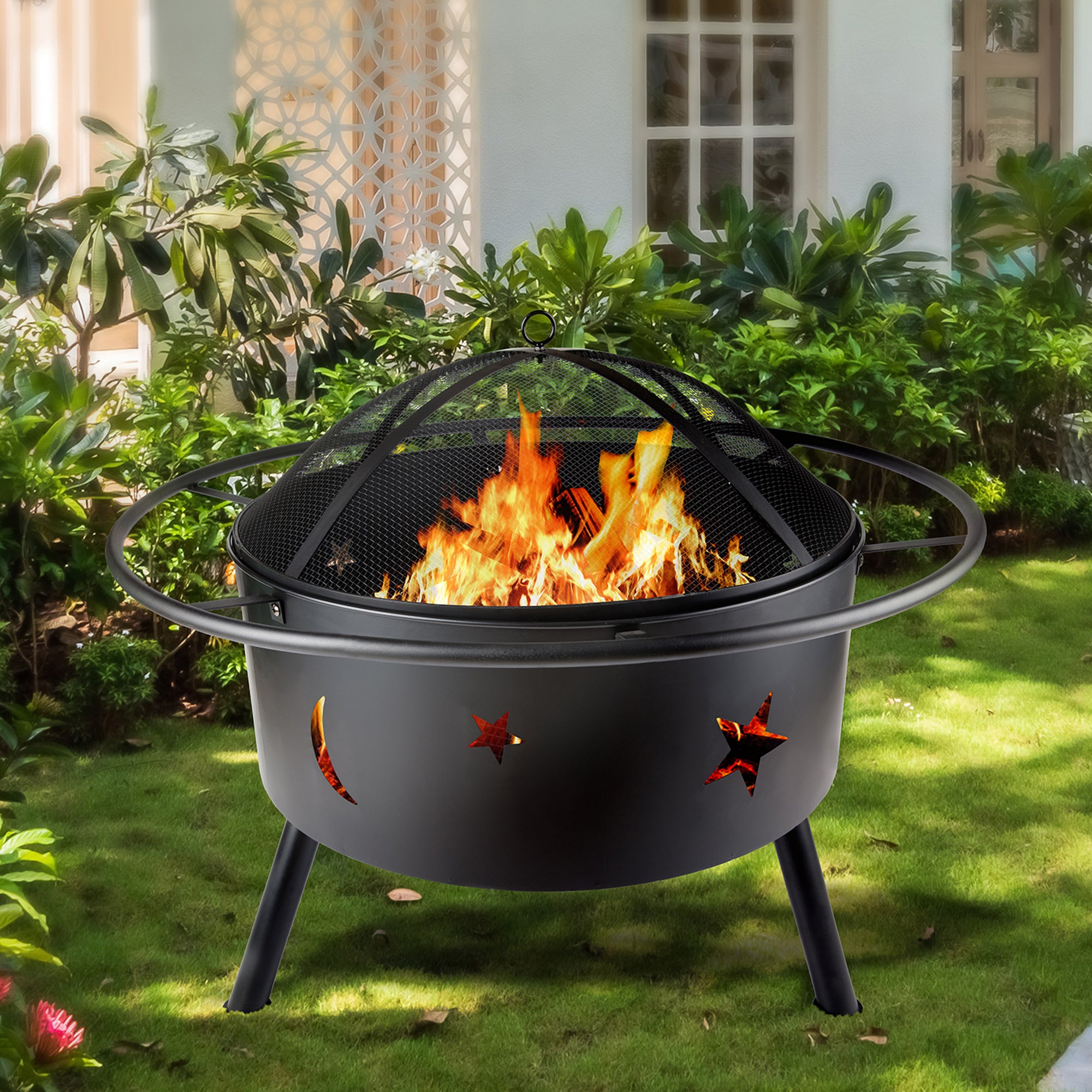 Round Iron Outdoor Fire Pit with Spark Screen