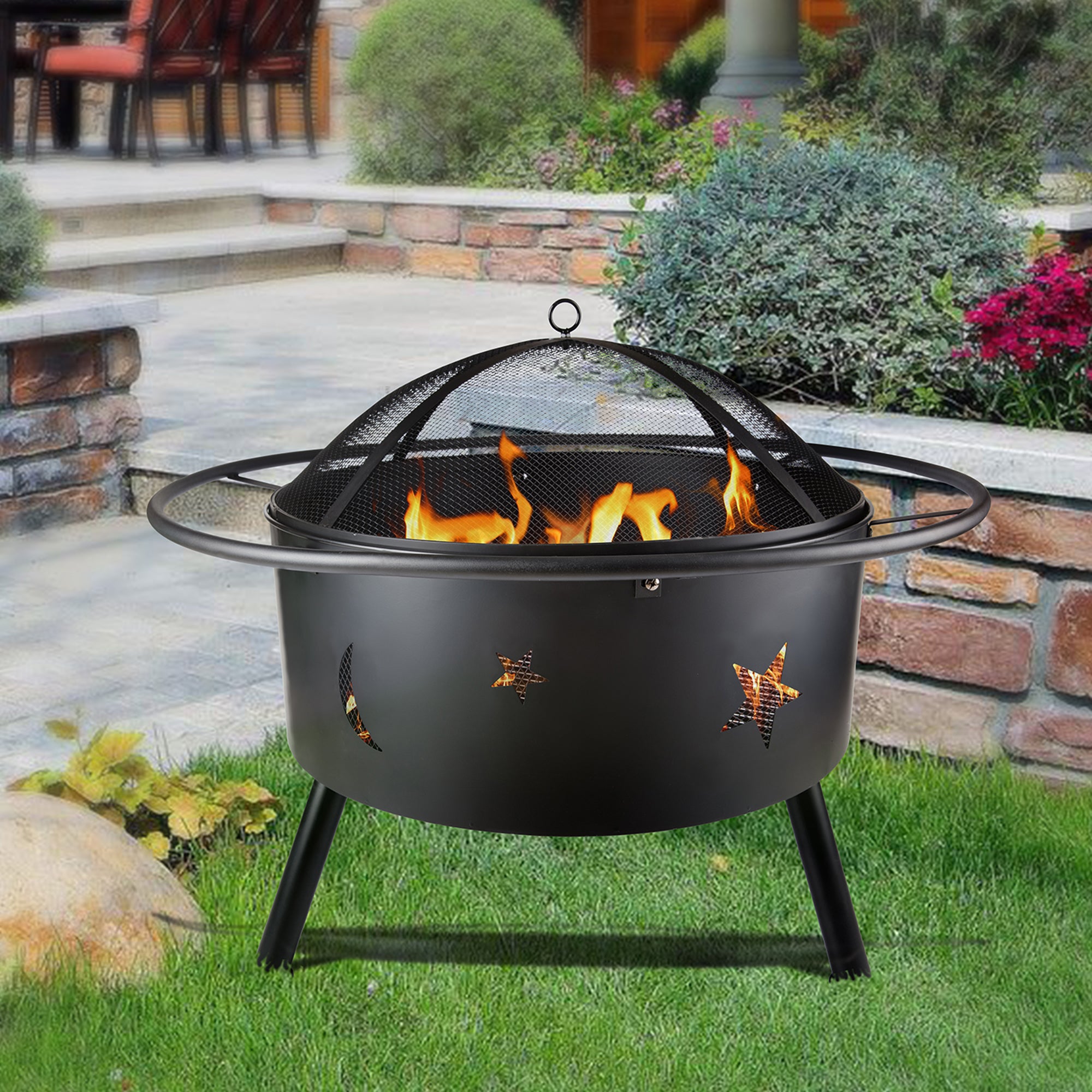 Round Iron Outdoor Fire Pit with Spark Screen