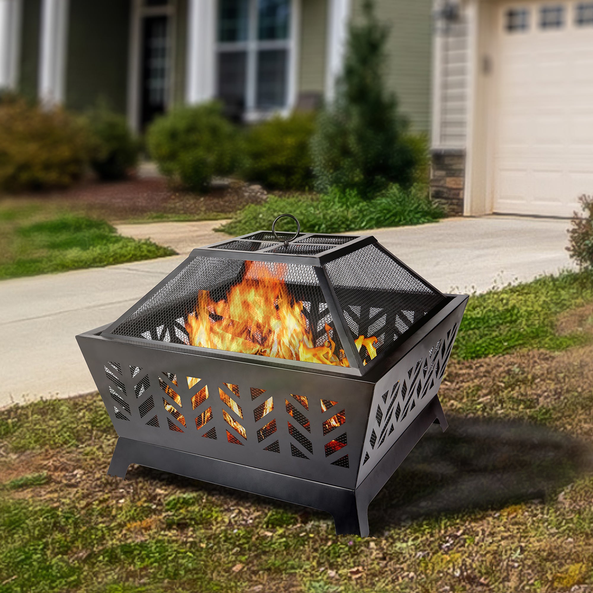 Square Iron Outdoor Fire Pit with Spark Screen