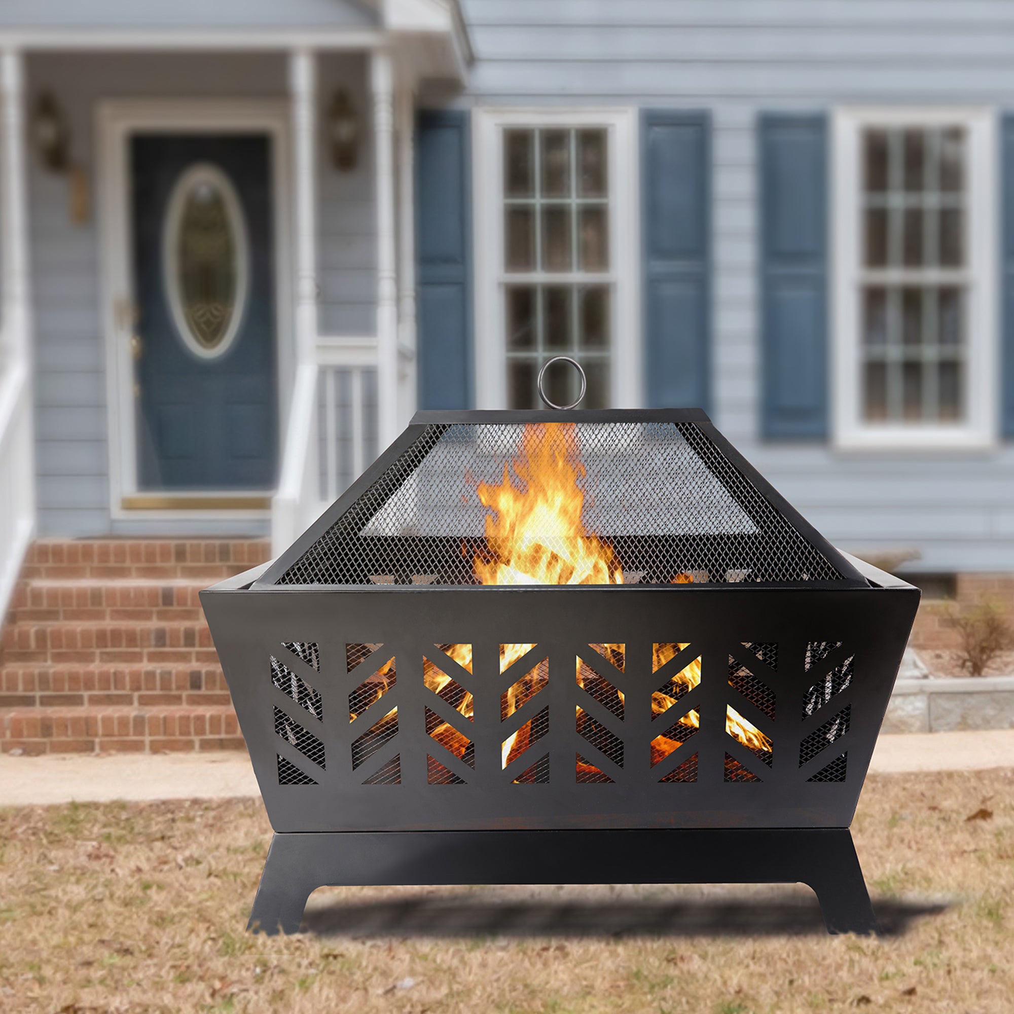 Square Iron Outdoor Fire Pit with Spark Screen