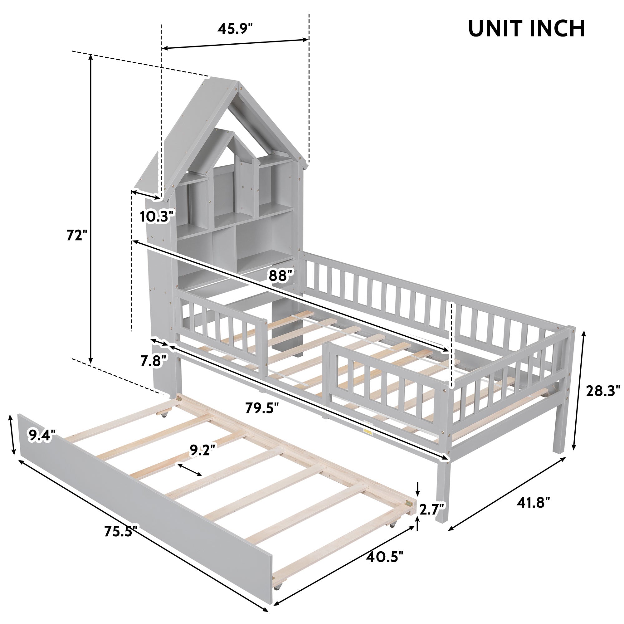 Twin Size House-Shaped Headboard Wood Frame Platform Bed with Fence Guardrails and Trundle