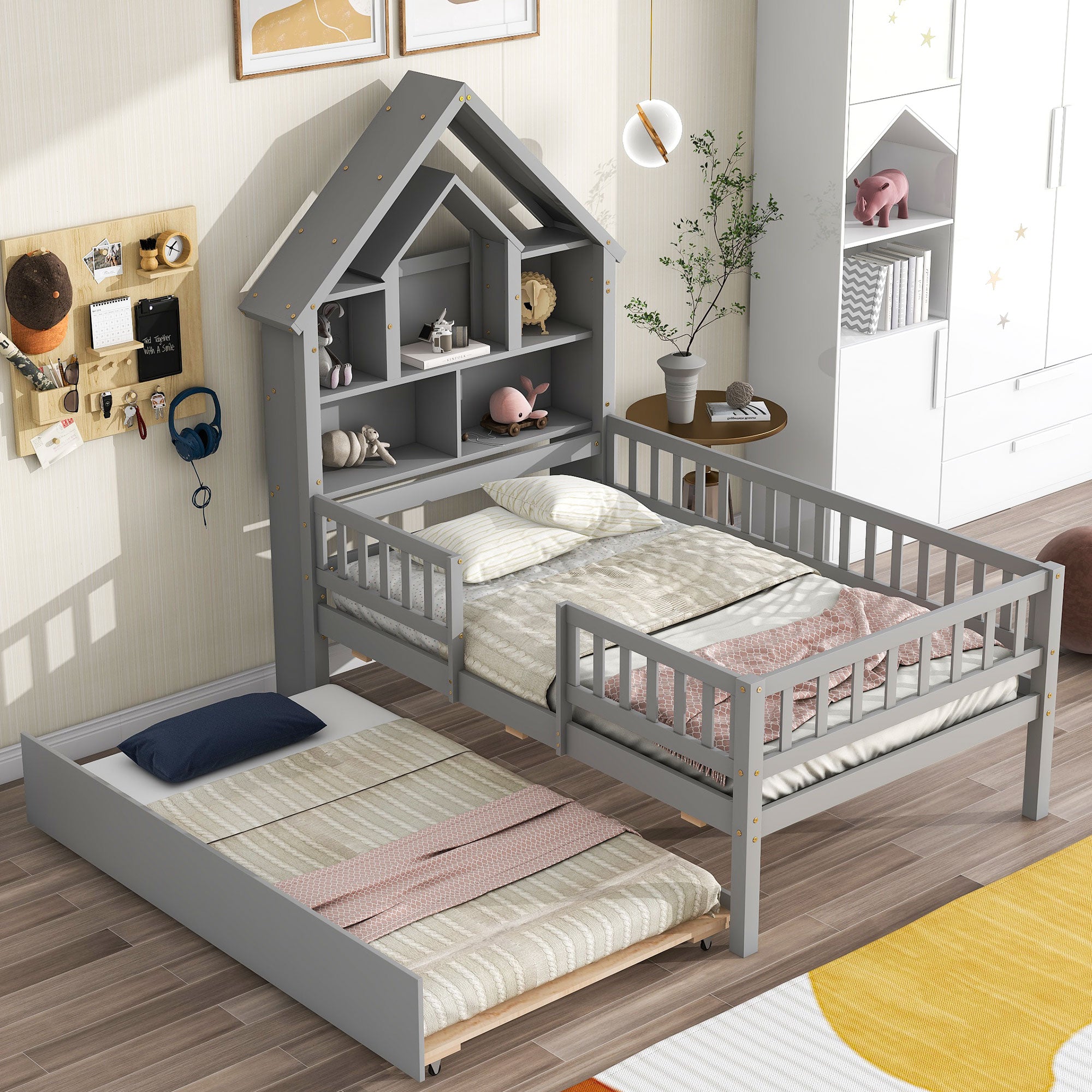 Twin Size House-Shaped Headboard Wood Frame Platform Bed with Fence Guardrails and Trundle