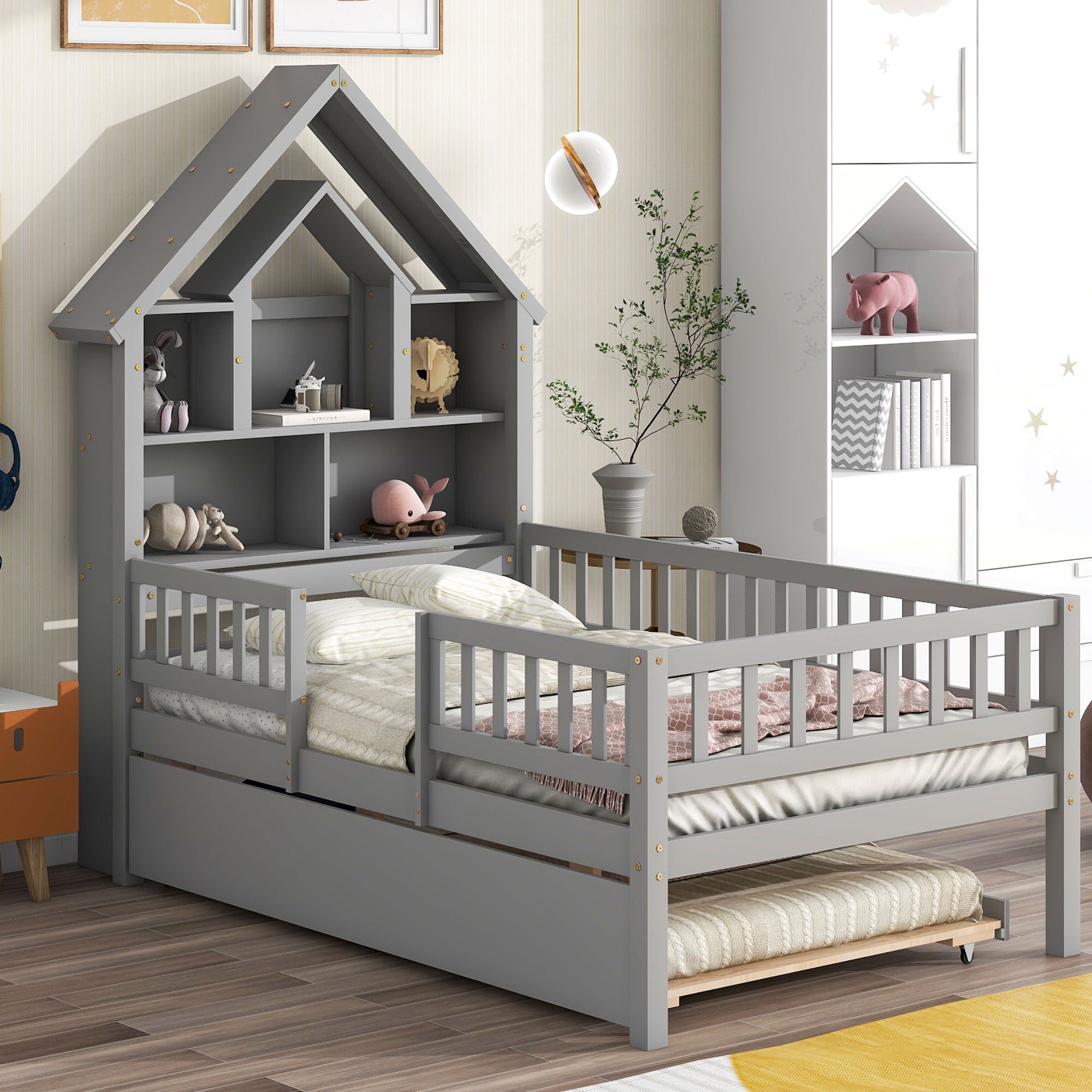 Twin Size House-Shaped Headboard Wood Frame Platform Bed with Fence Guardrails and Trundle