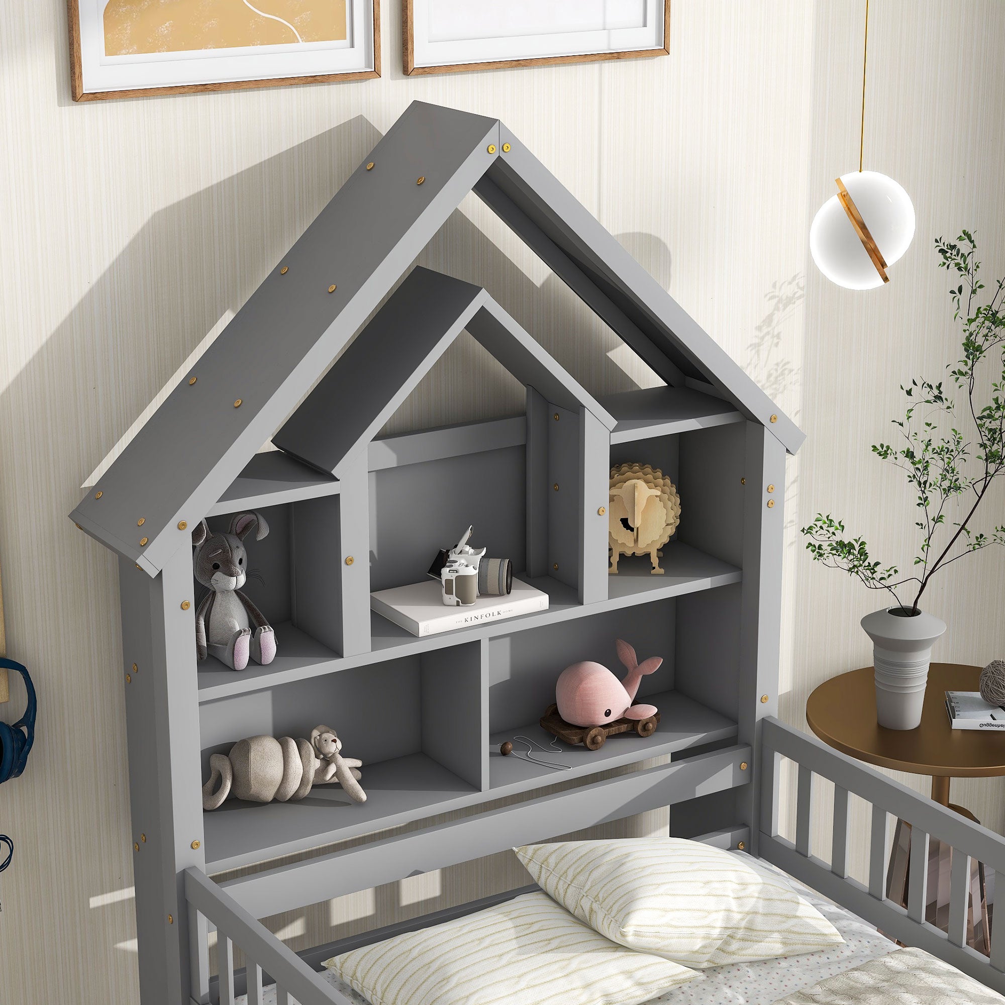 Twin Size House-Shaped Headboard Wood Frame Platform Bed with Fence Guardrails and Trundle