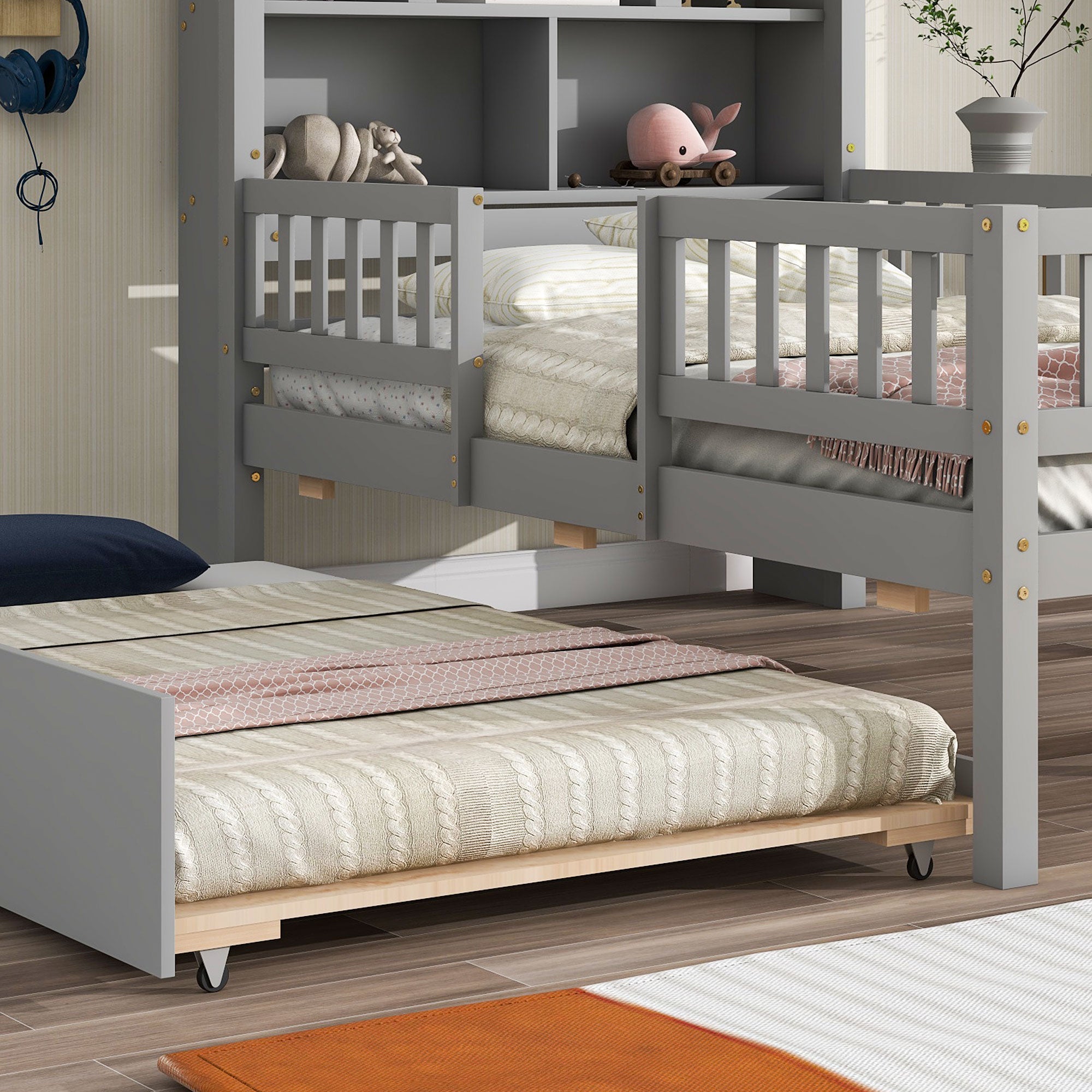 Twin Size House-Shaped Headboard Wood Frame Platform Bed with Fence Guardrails and Trundle
