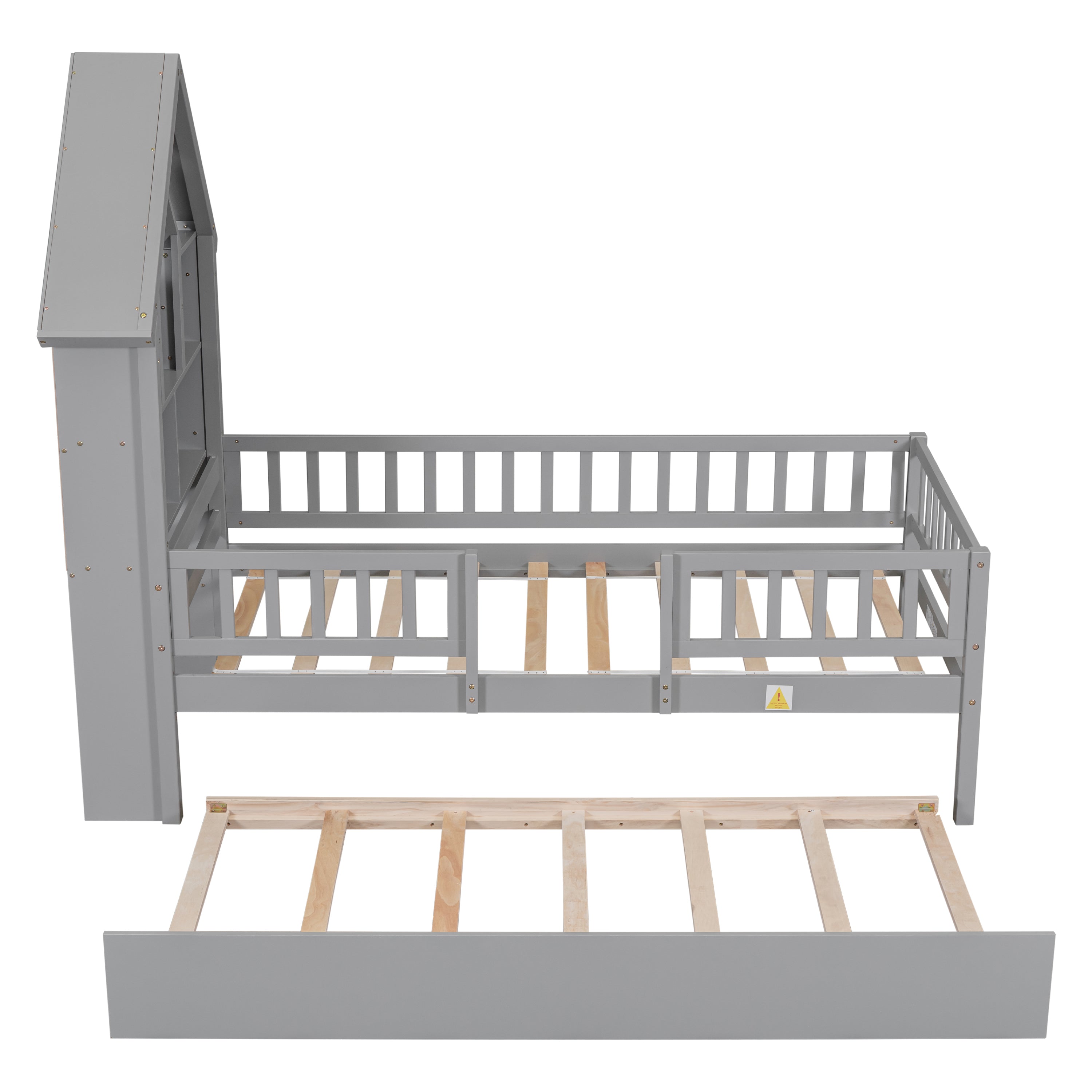 Twin Size House-Shaped Headboard Wood Frame Platform Bed with Fence Guardrails and Trundle