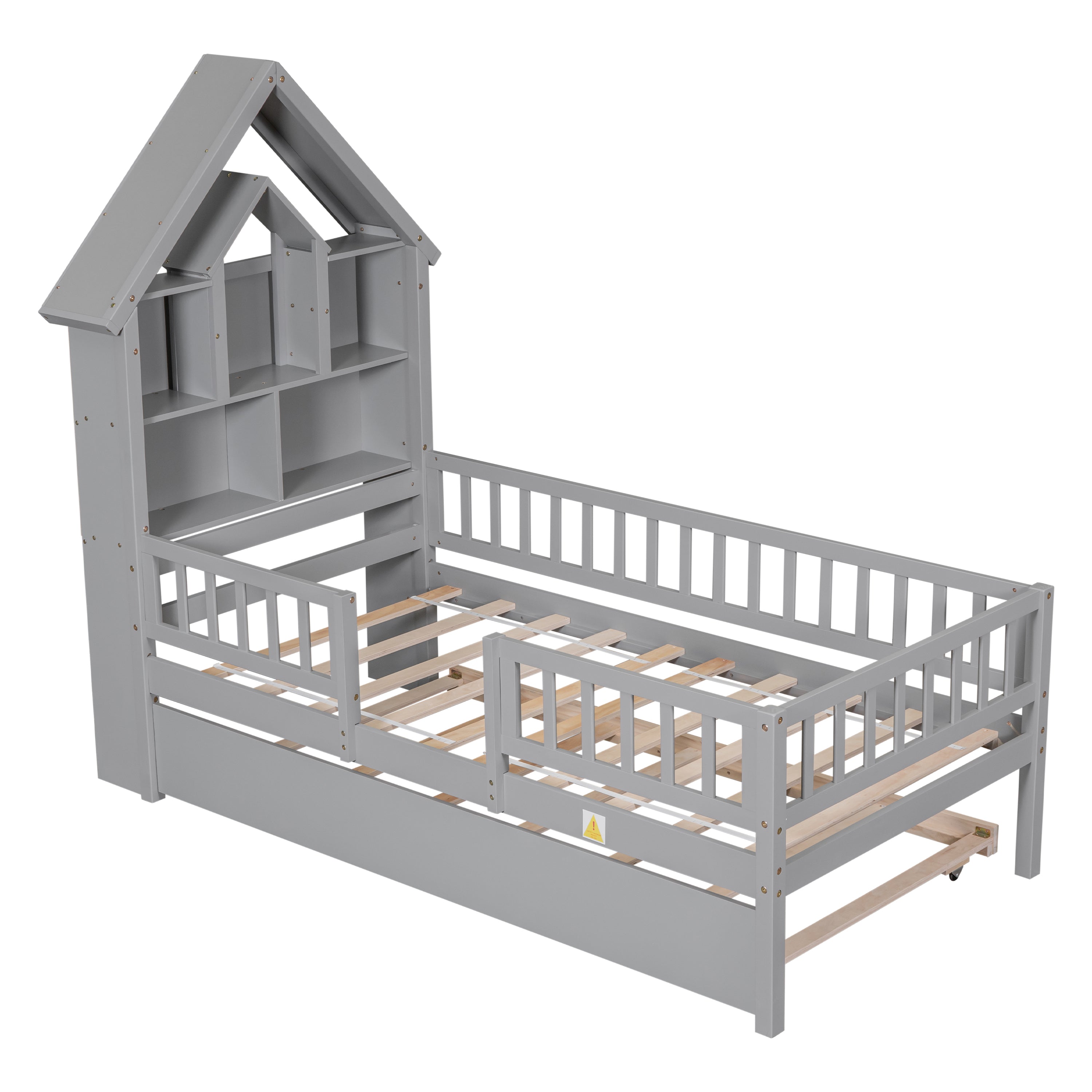 Twin Size House-Shaped Headboard Wood Frame Platform Bed with Fence Guardrails and Trundle