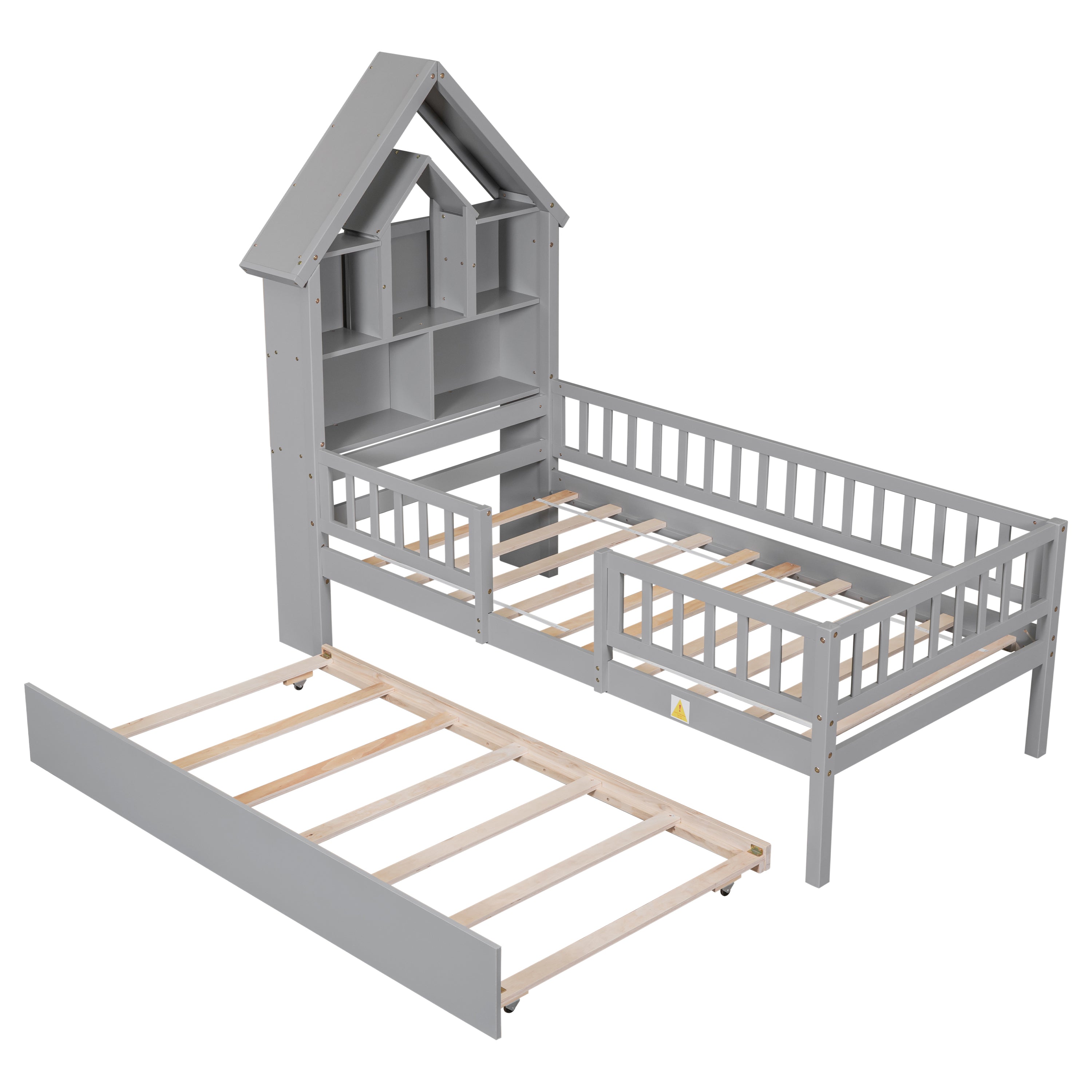 Twin Size House-Shaped Headboard Wood Frame Platform Bed with Fence Guardrails and Trundle