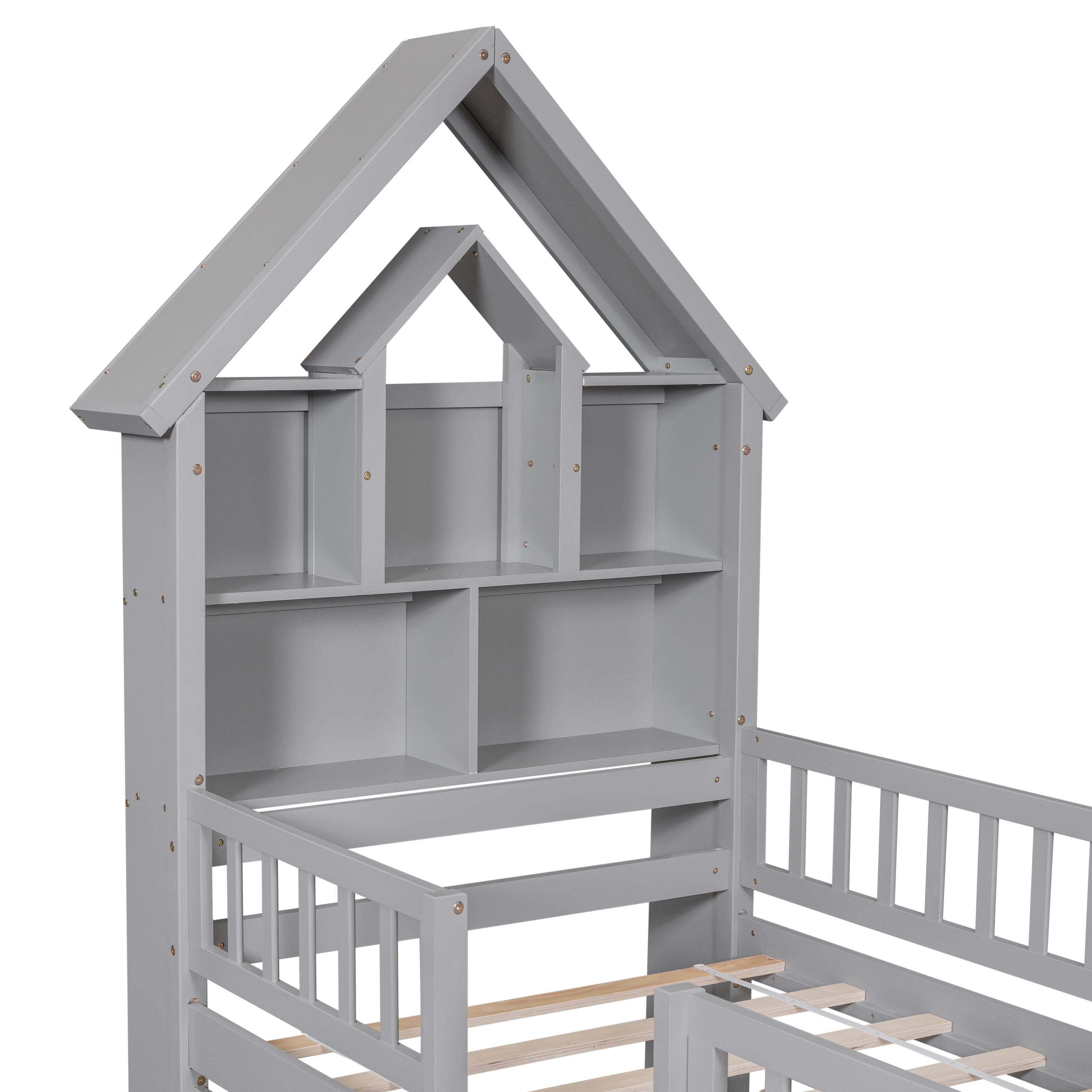 Twin Size House-Shaped Headboard Wood Frame Platform Bed with Fence Guardrails and Trundle