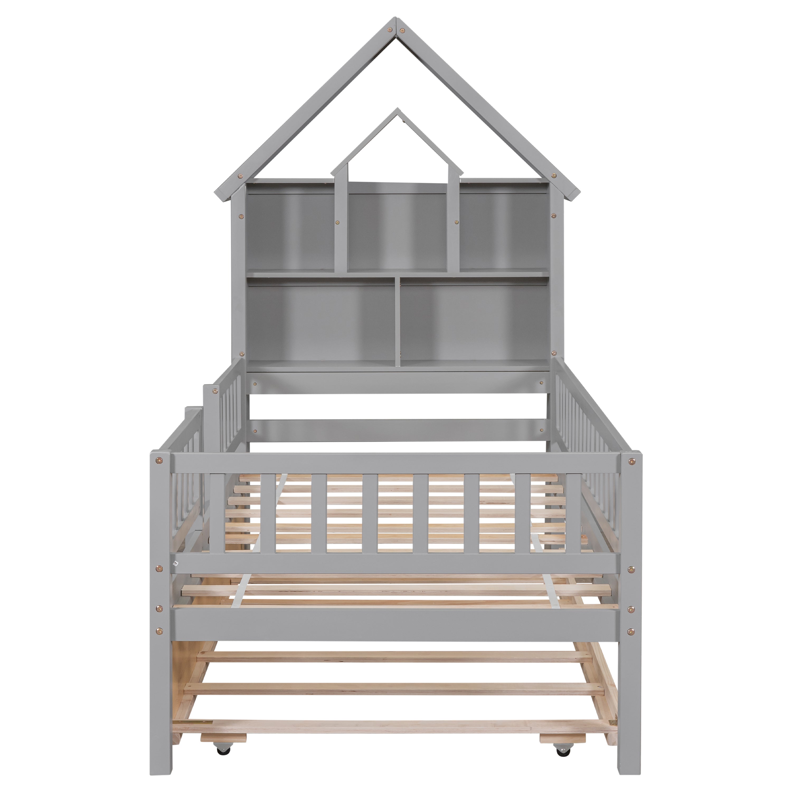 Twin Size House-Shaped Headboard Wood Frame Platform Bed with Fence Guardrails and Trundle