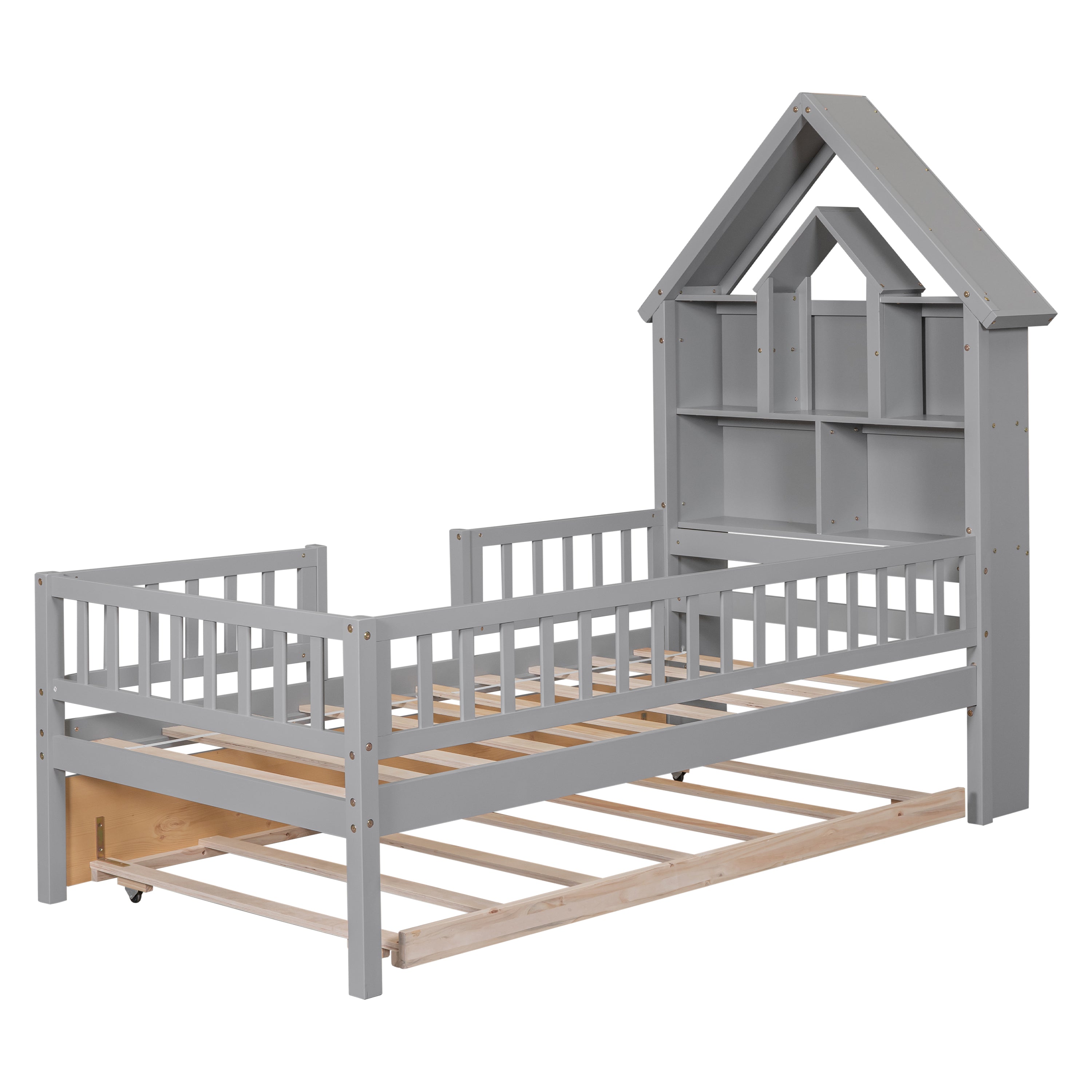 Twin Size House-Shaped Headboard Wood Frame Platform Bed with Fence Guardrails and Trundle