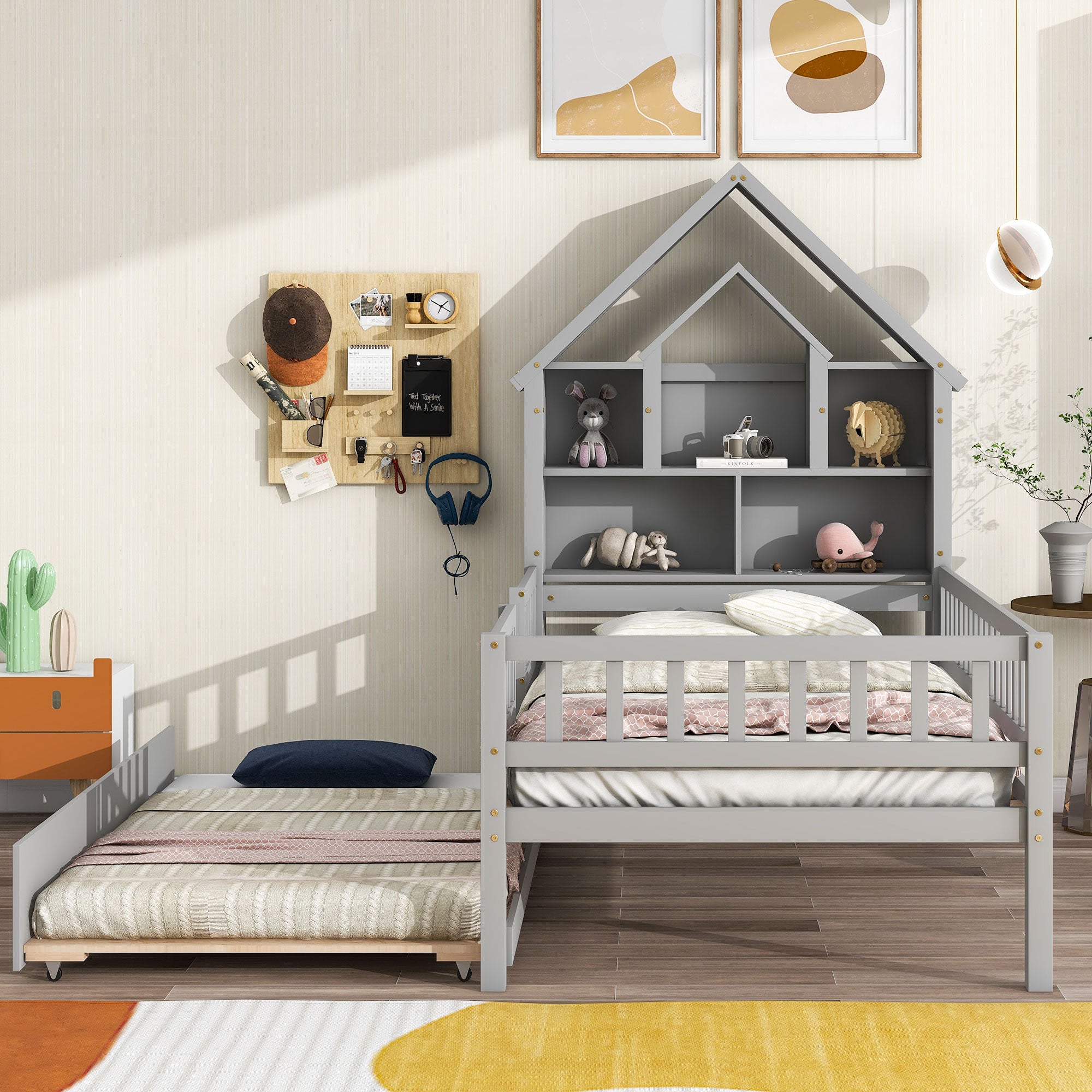Twin Size House-Shaped Headboard Wood Frame Platform Bed with Fence Guardrails and Trundle