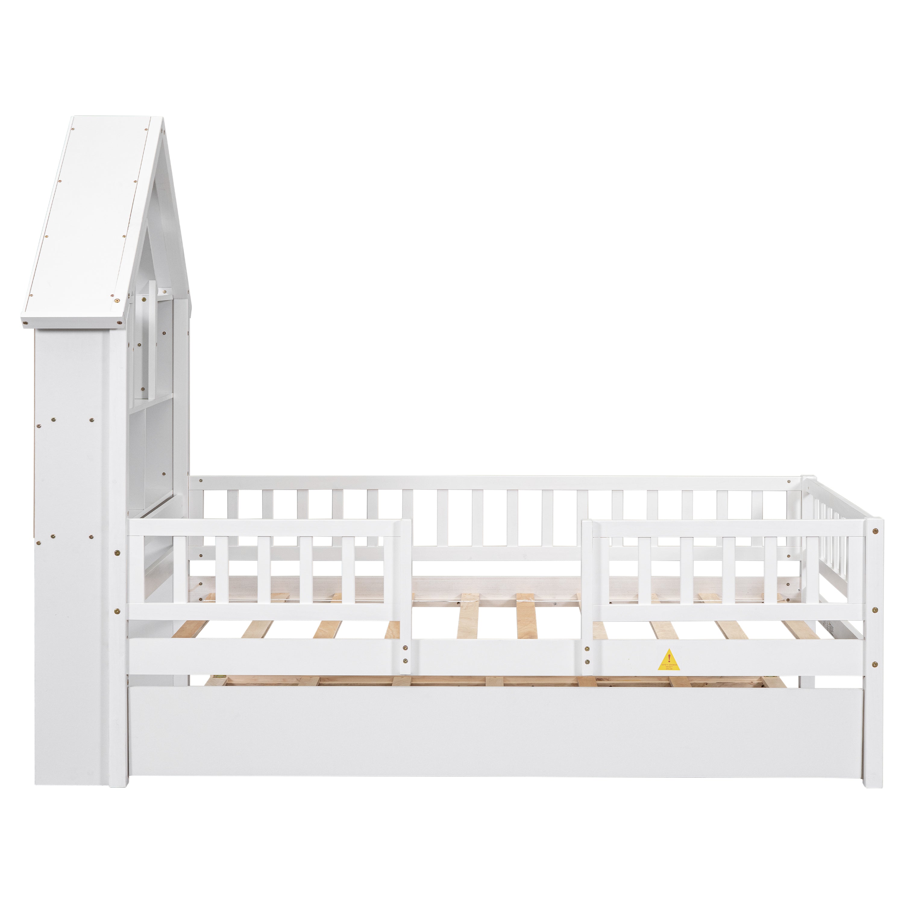 Twin Size House-Shaped Headboard Wood Frame Platform Bed with Fence Guardrails and Trundle