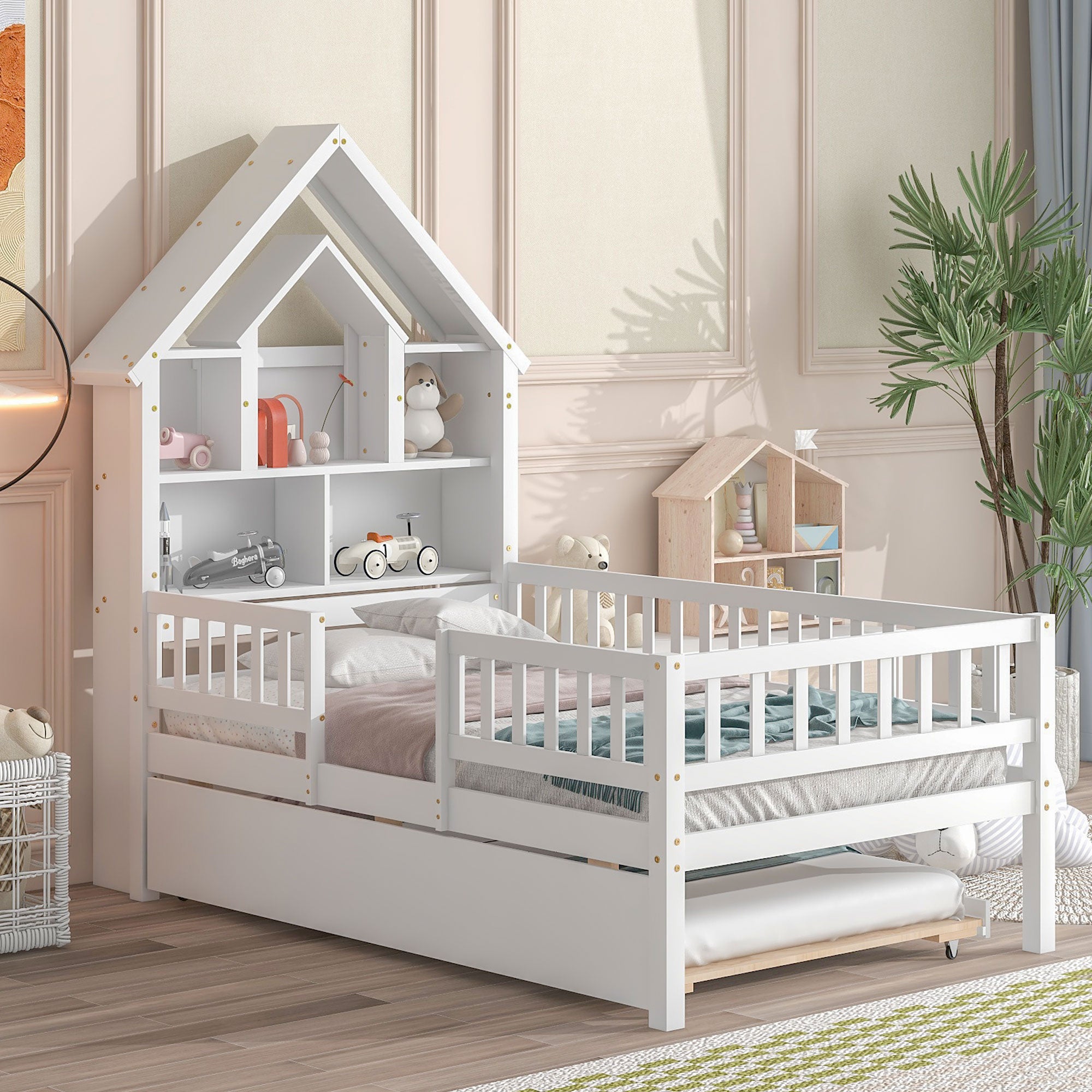 Twin Size House-Shaped Headboard Wood Frame Platform Bed with Fence Guardrails and Trundle