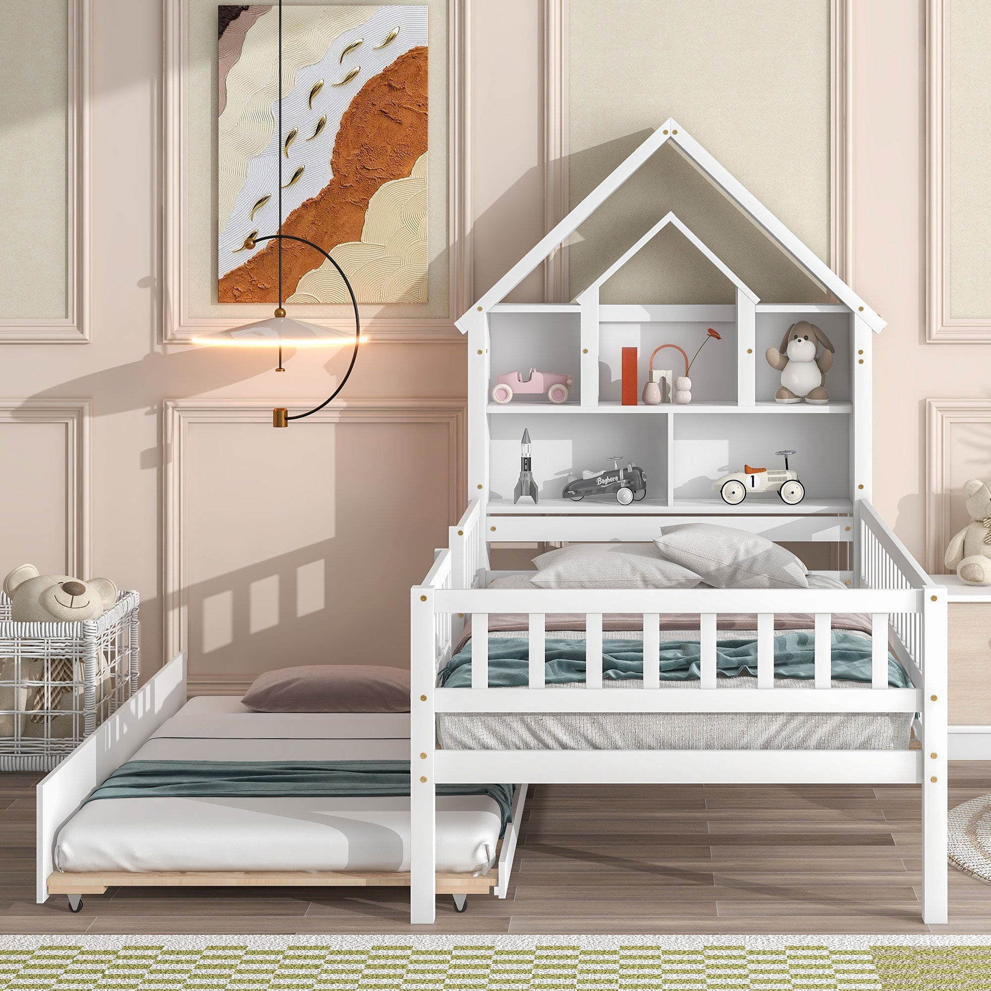 Twin Size House-Shaped Headboard Wood Frame Platform Bed with Fence Guardrails and Trundle