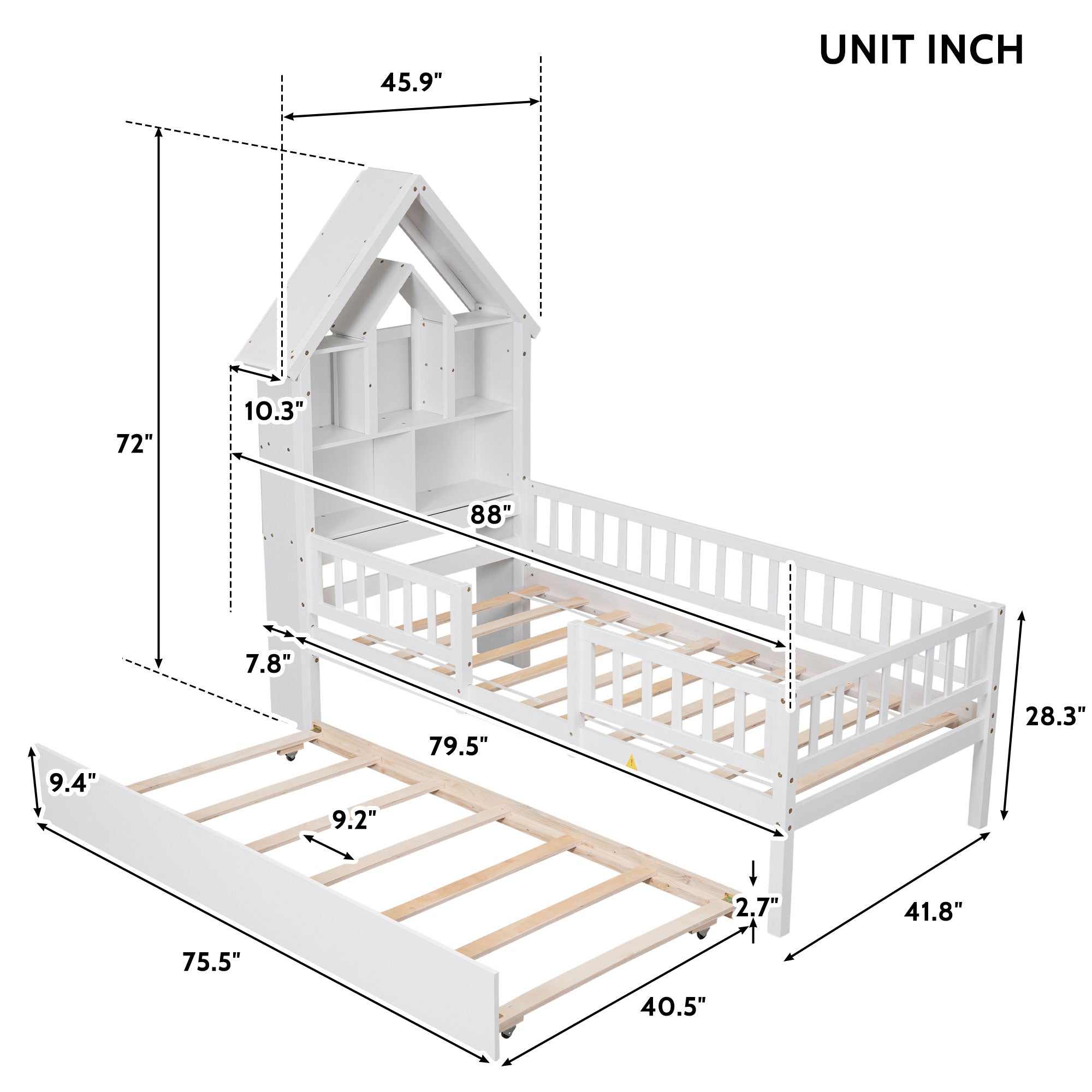 Twin Size House-Shaped Headboard Wood Frame Platform Bed with Fence Guardrails and Trundle