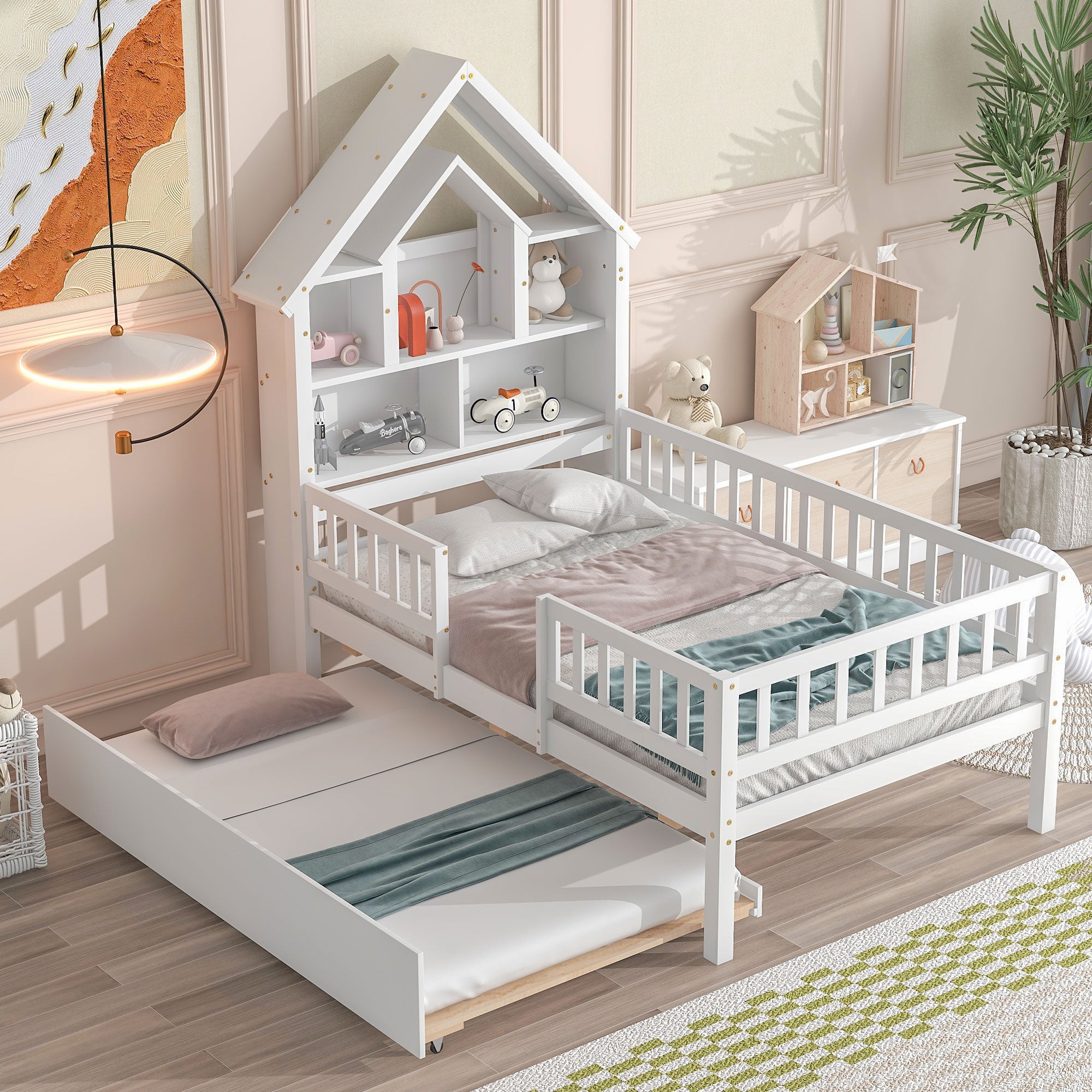 Twin Size House-Shaped Headboard Wood Frame Platform Bed with Fence Guardrails and Trundle