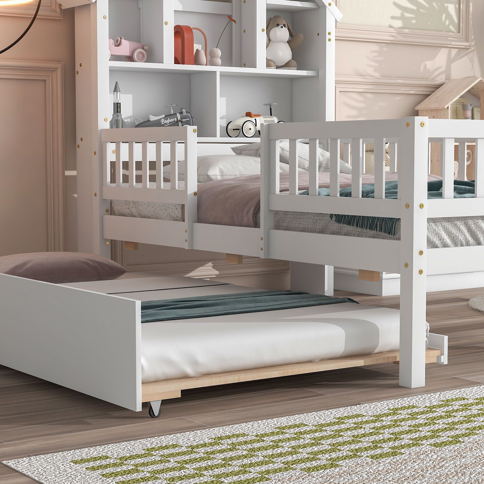 Twin Size House-Shaped Headboard Wood Frame Platform Bed with Fence Guardrails and Trundle