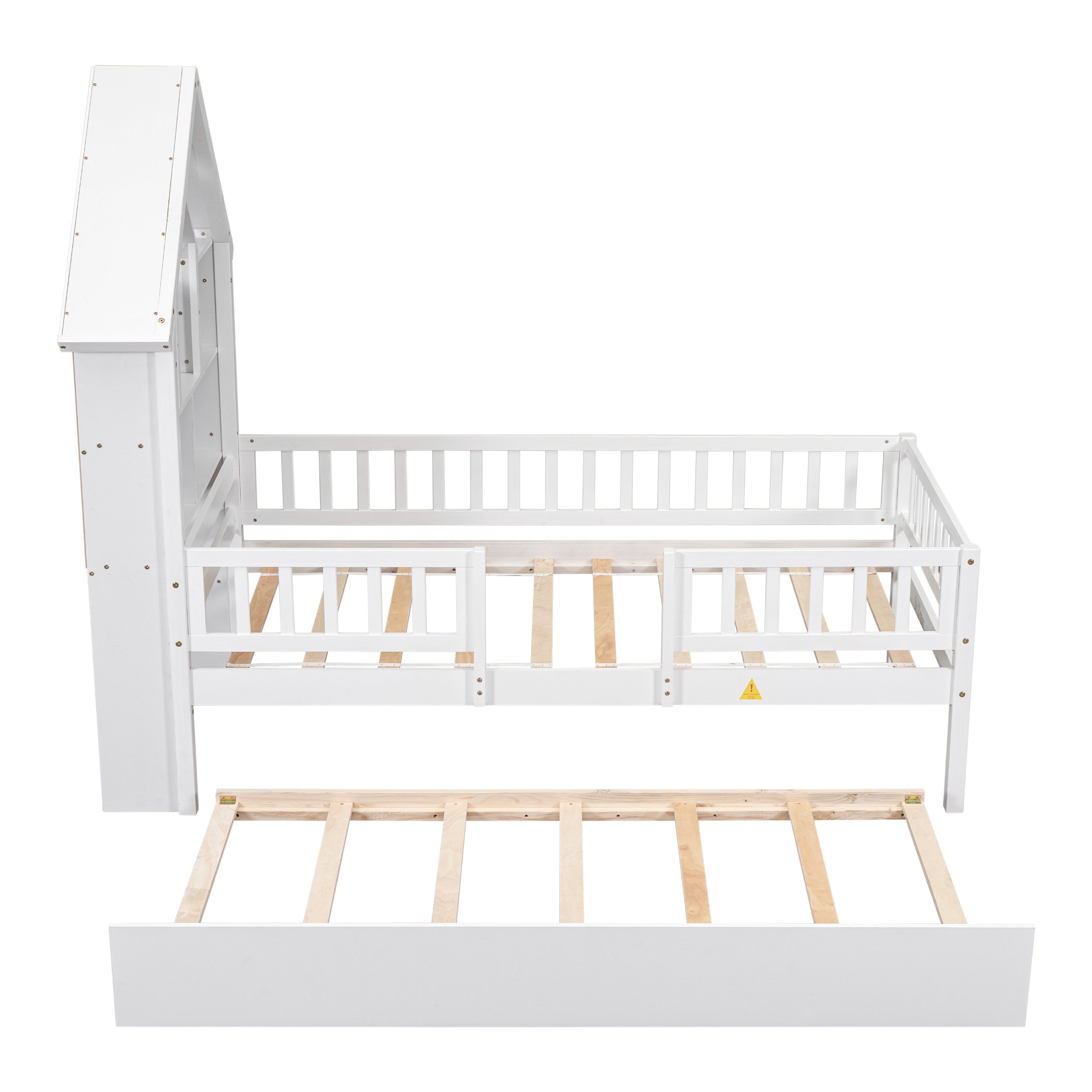 Twin Size House-Shaped Headboard Wood Frame Platform Bed with Fence Guardrails and Trundle