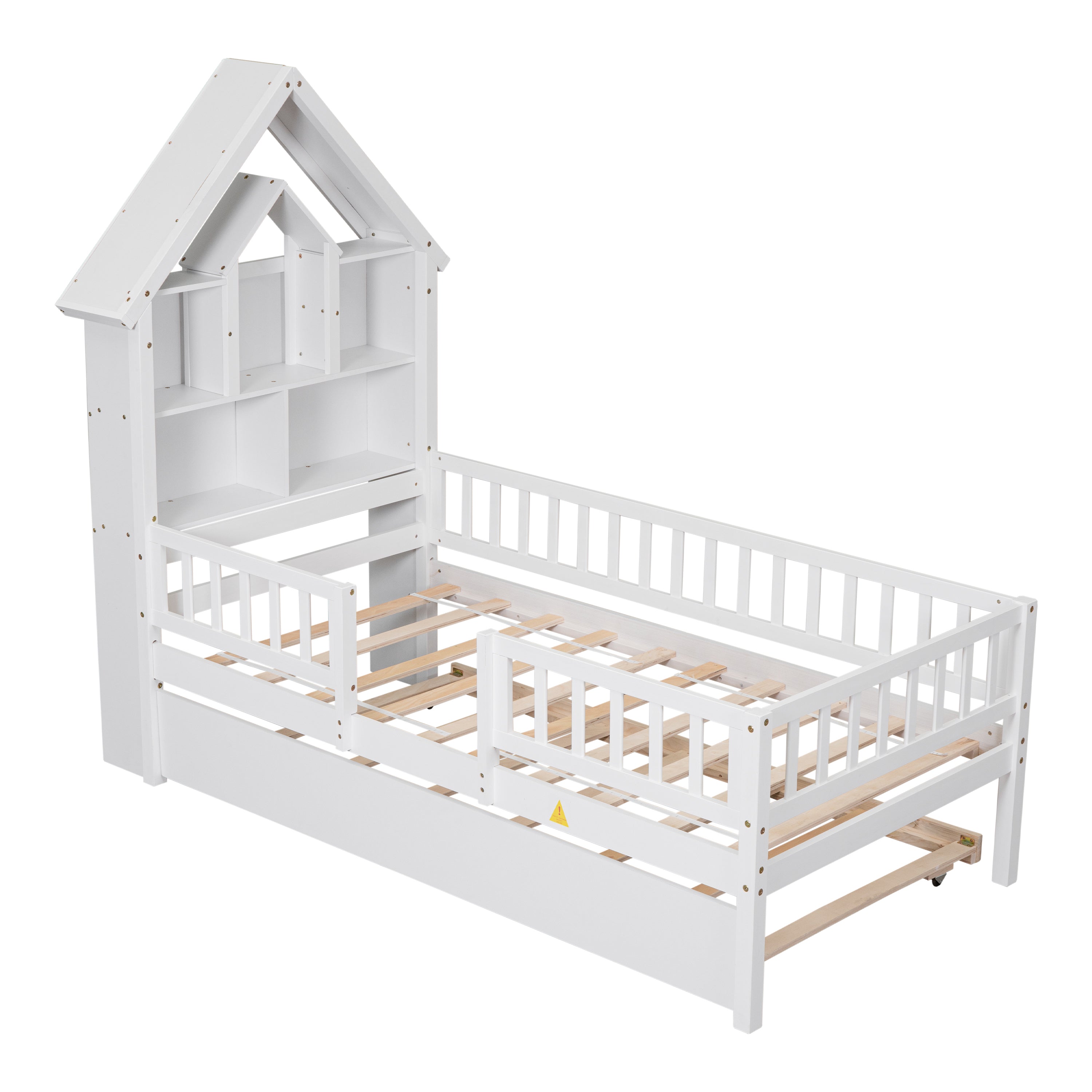 Twin Size House-Shaped Headboard Wood Frame Platform Bed with Fence Guardrails and Trundle