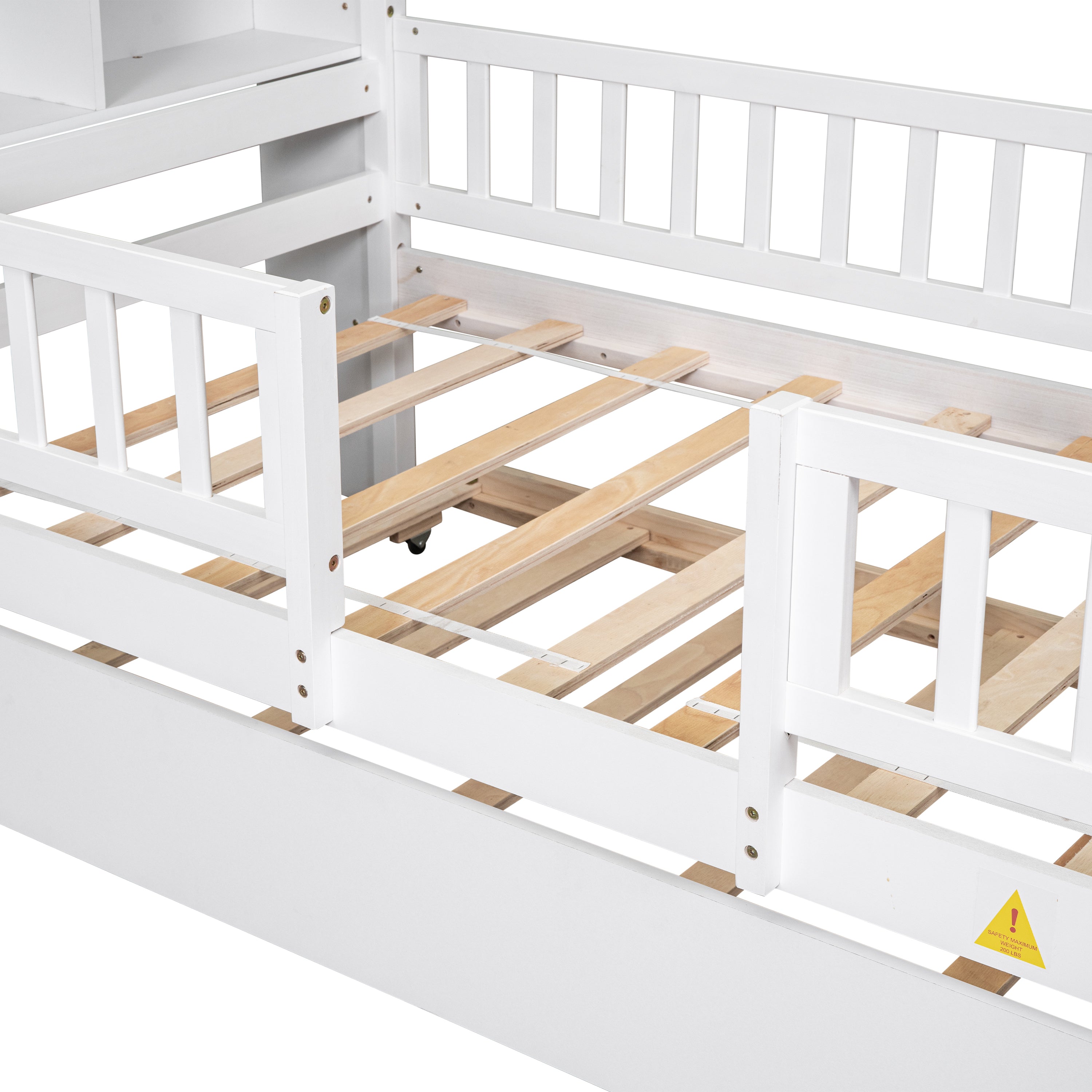 Twin Size House-Shaped Headboard Wood Frame Platform Bed with Fence Guardrails and Trundle