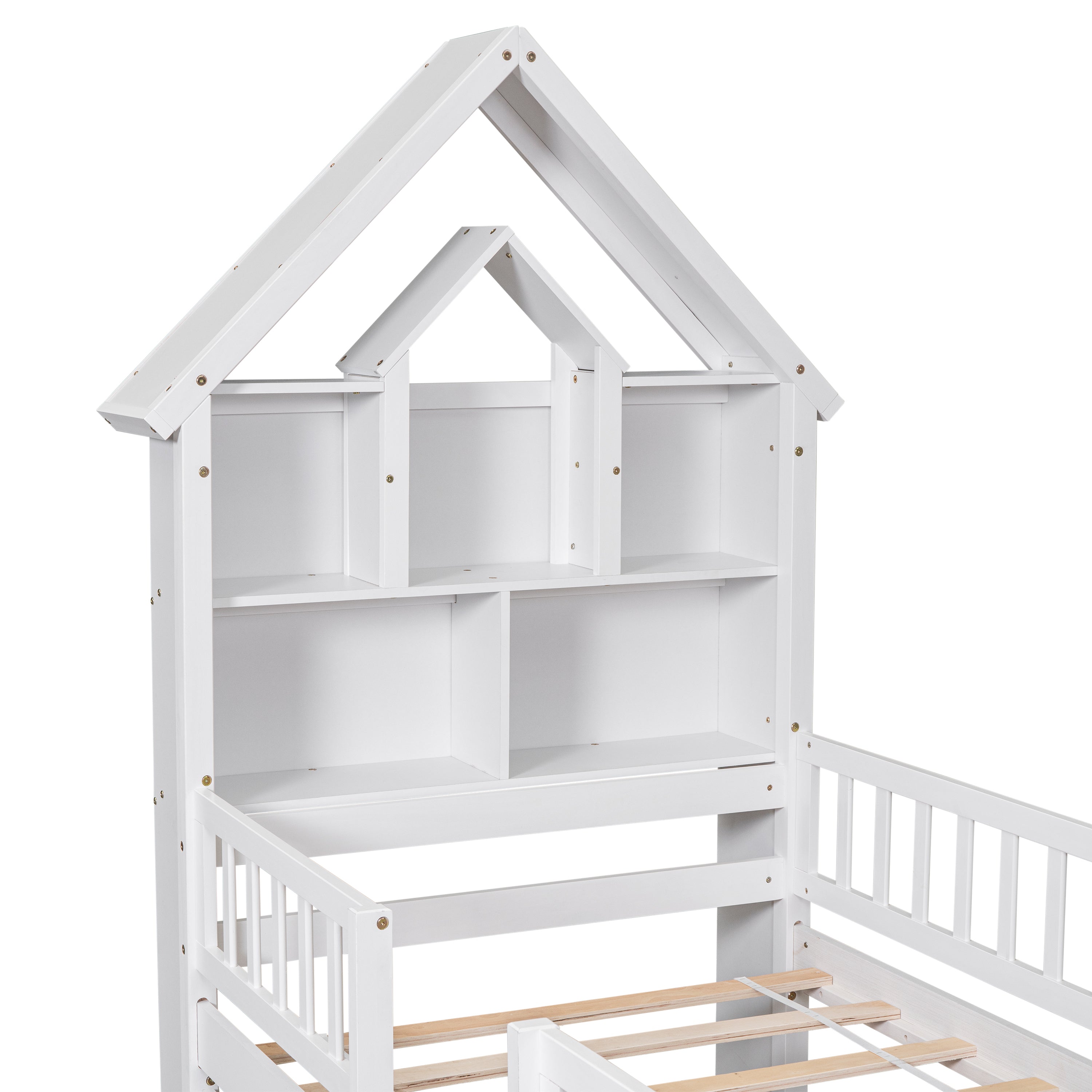 Twin Size House-Shaped Headboard Wood Frame Platform Bed with Fence Guardrails and Trundle