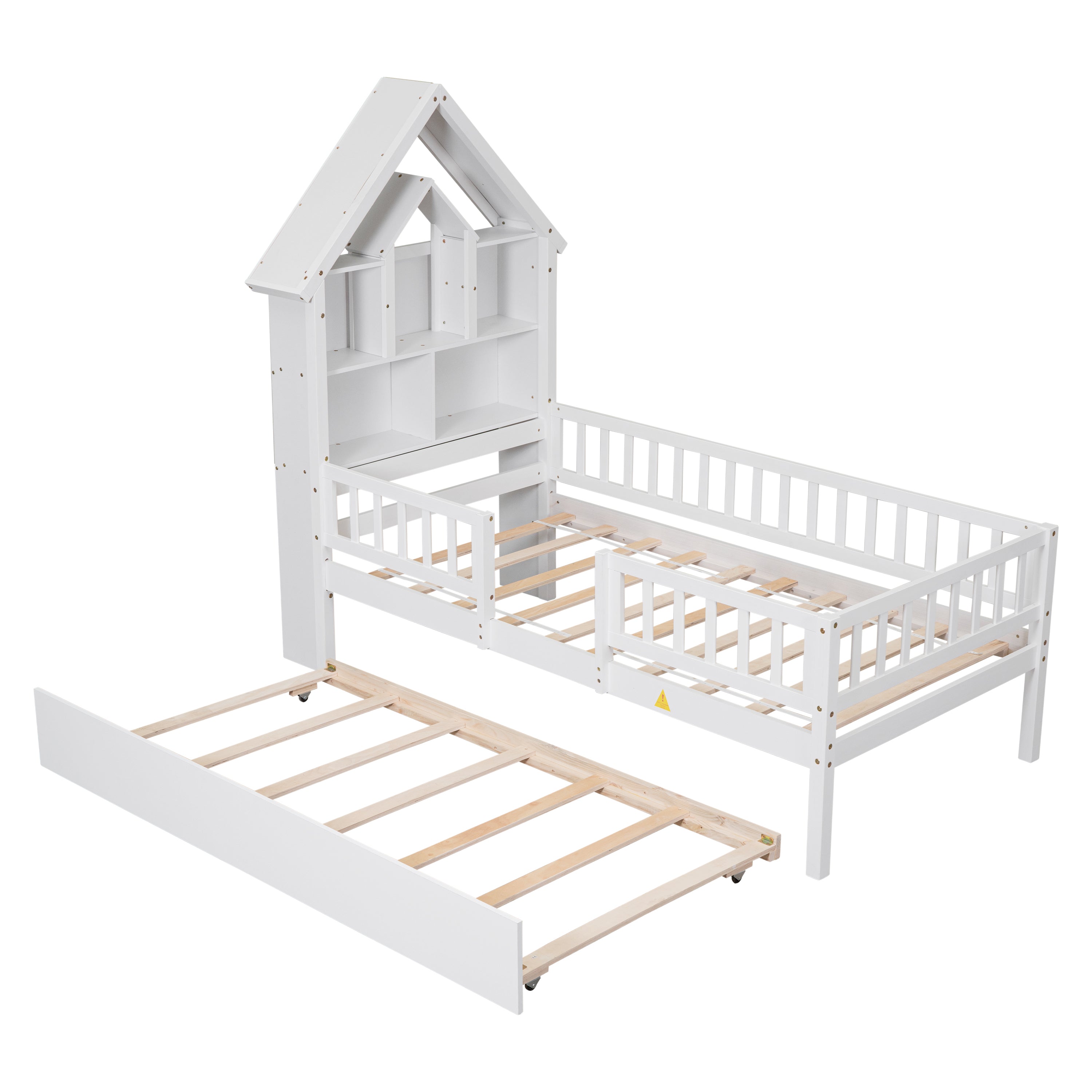 Twin Size House-Shaped Headboard Wood Frame Platform Bed with Fence Guardrails and Trundle