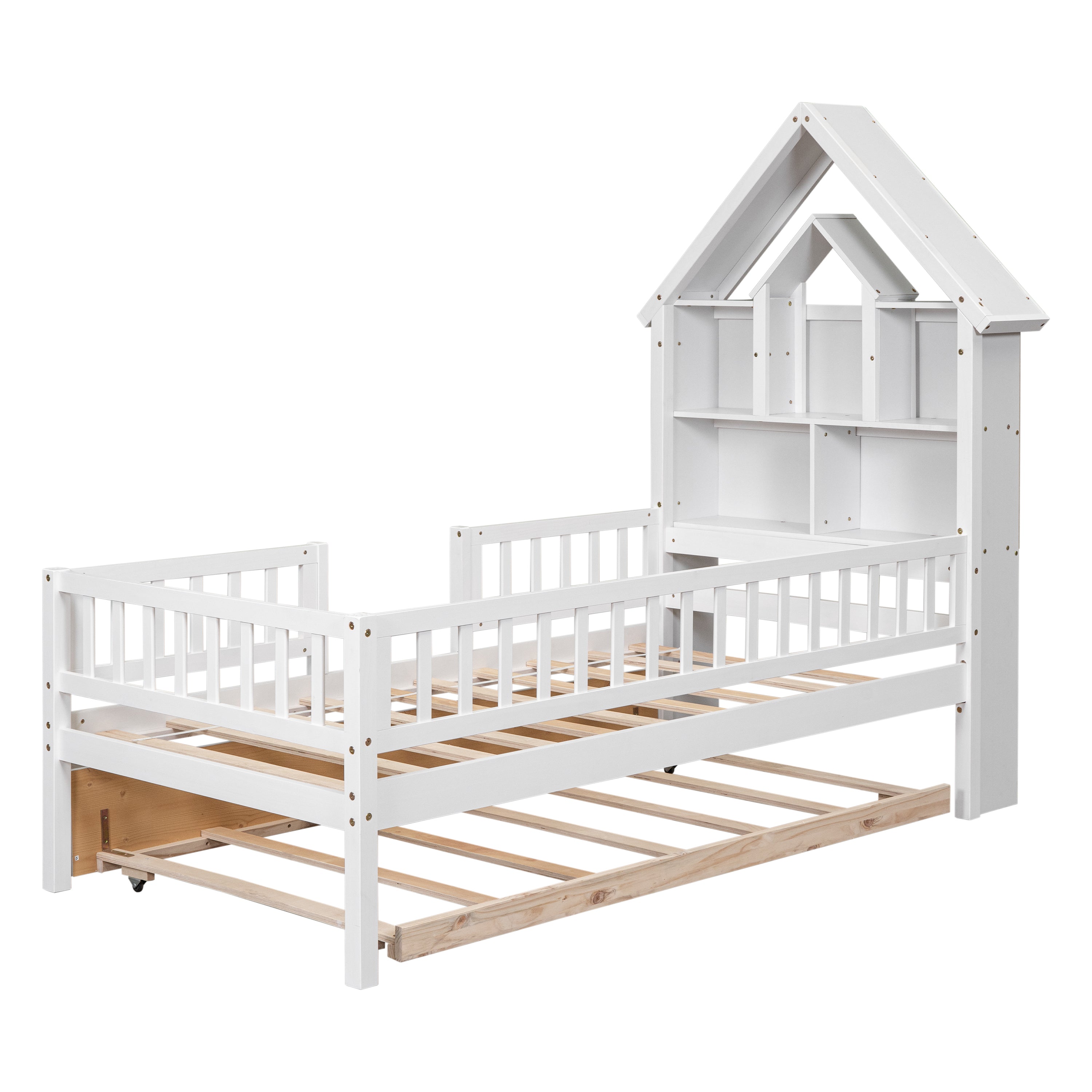 Twin Size House-Shaped Headboard Wood Frame Platform Bed with Fence Guardrails and Trundle