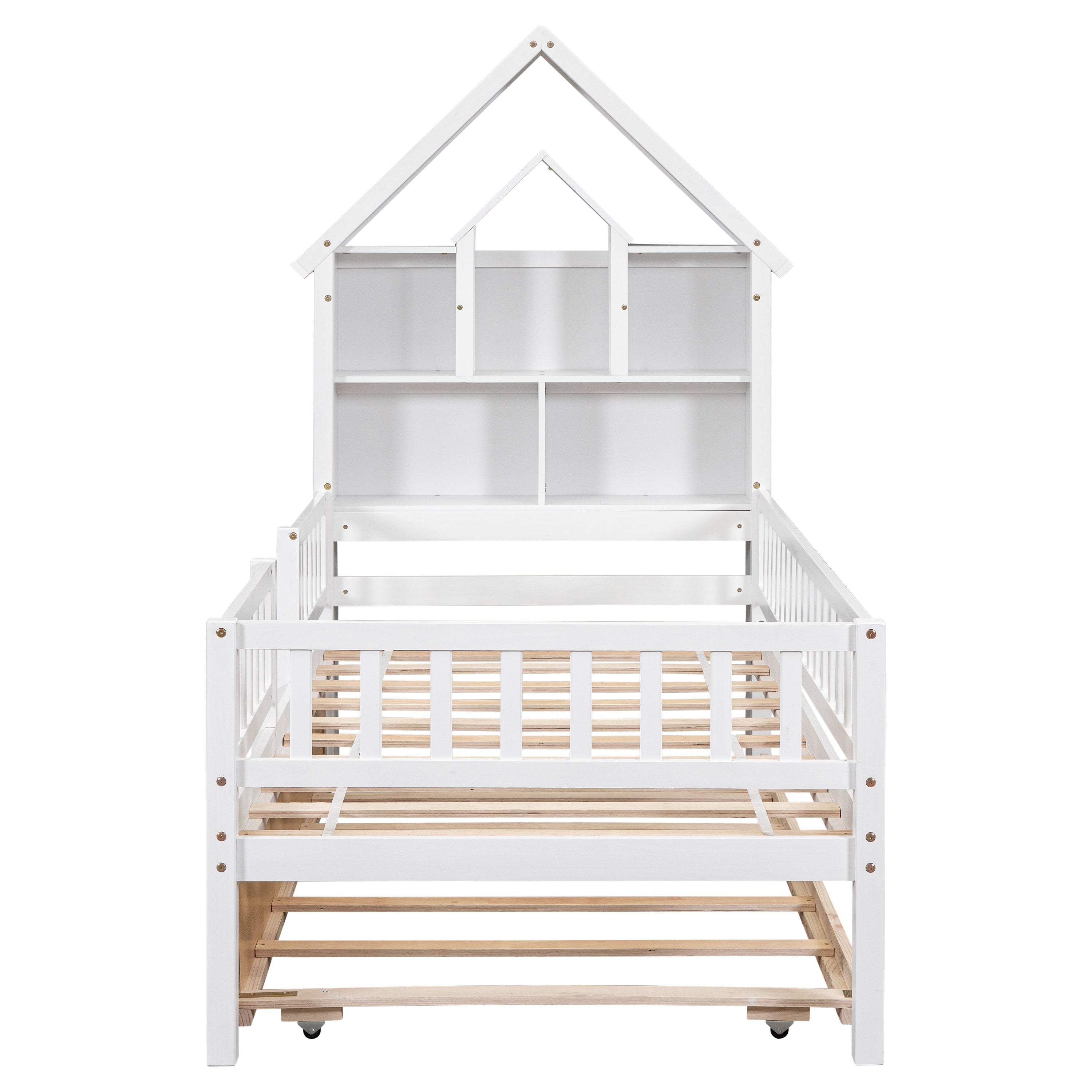 Twin Size House-Shaped Headboard Wood Frame Platform Bed with Fence Guardrails and Trundle