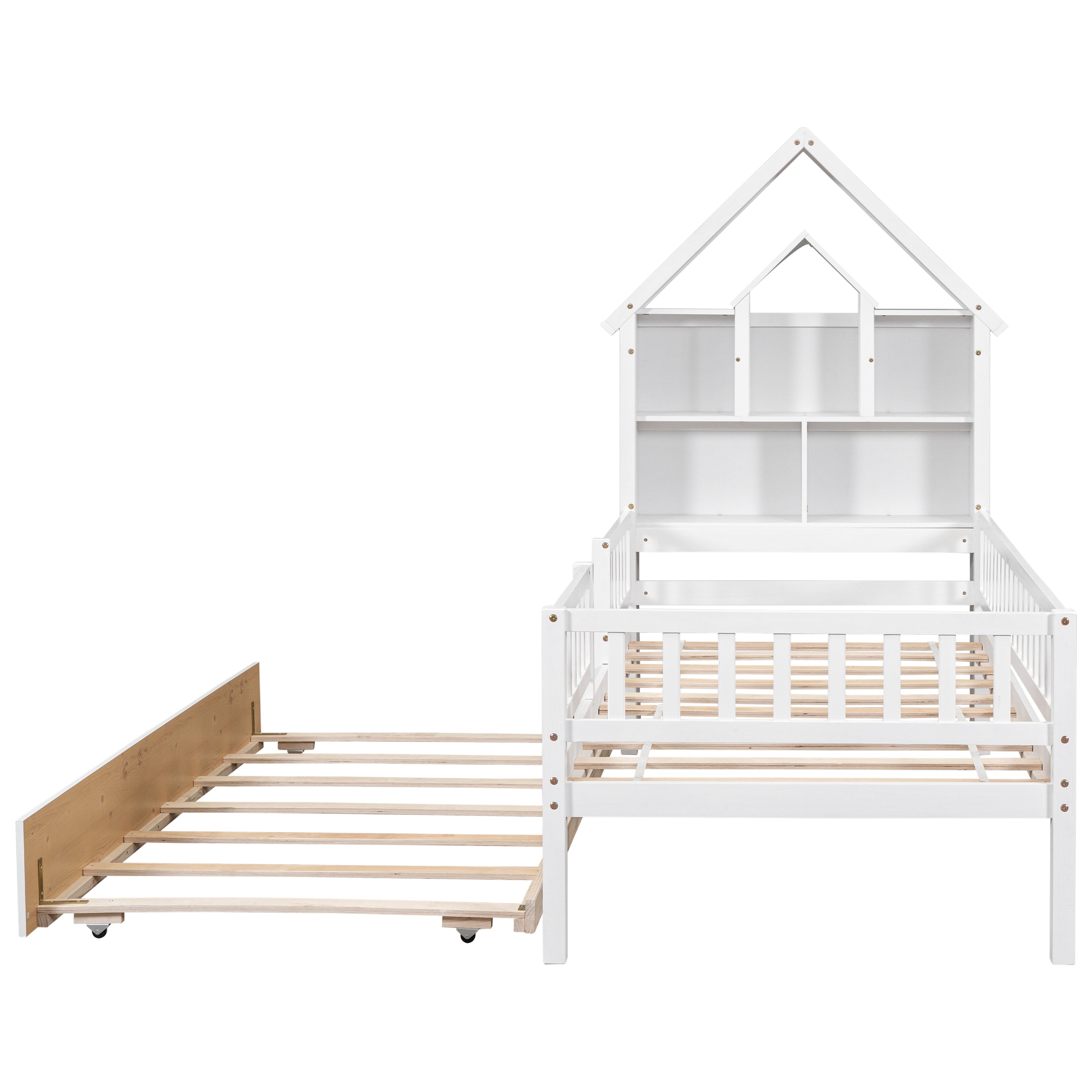 Twin Size House-Shaped Headboard Wood Frame Platform Bed with Fence Guardrails and Trundle