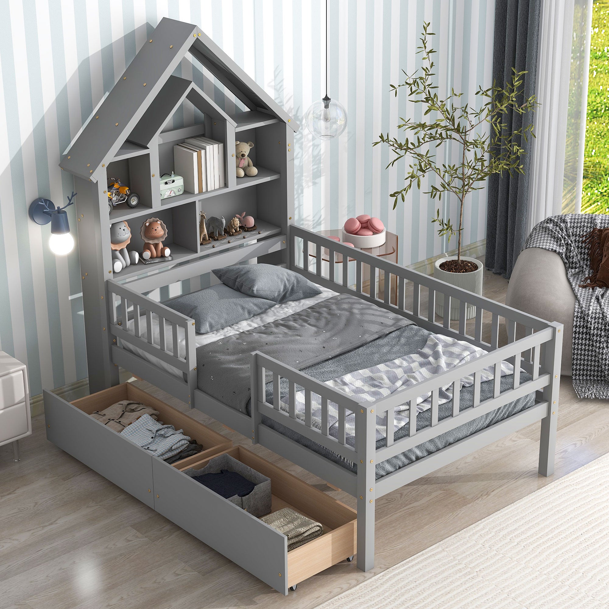 Twin Size House-Shaped Headboard Wood Frame Platform Bed with Fence Guardrails and Drawers