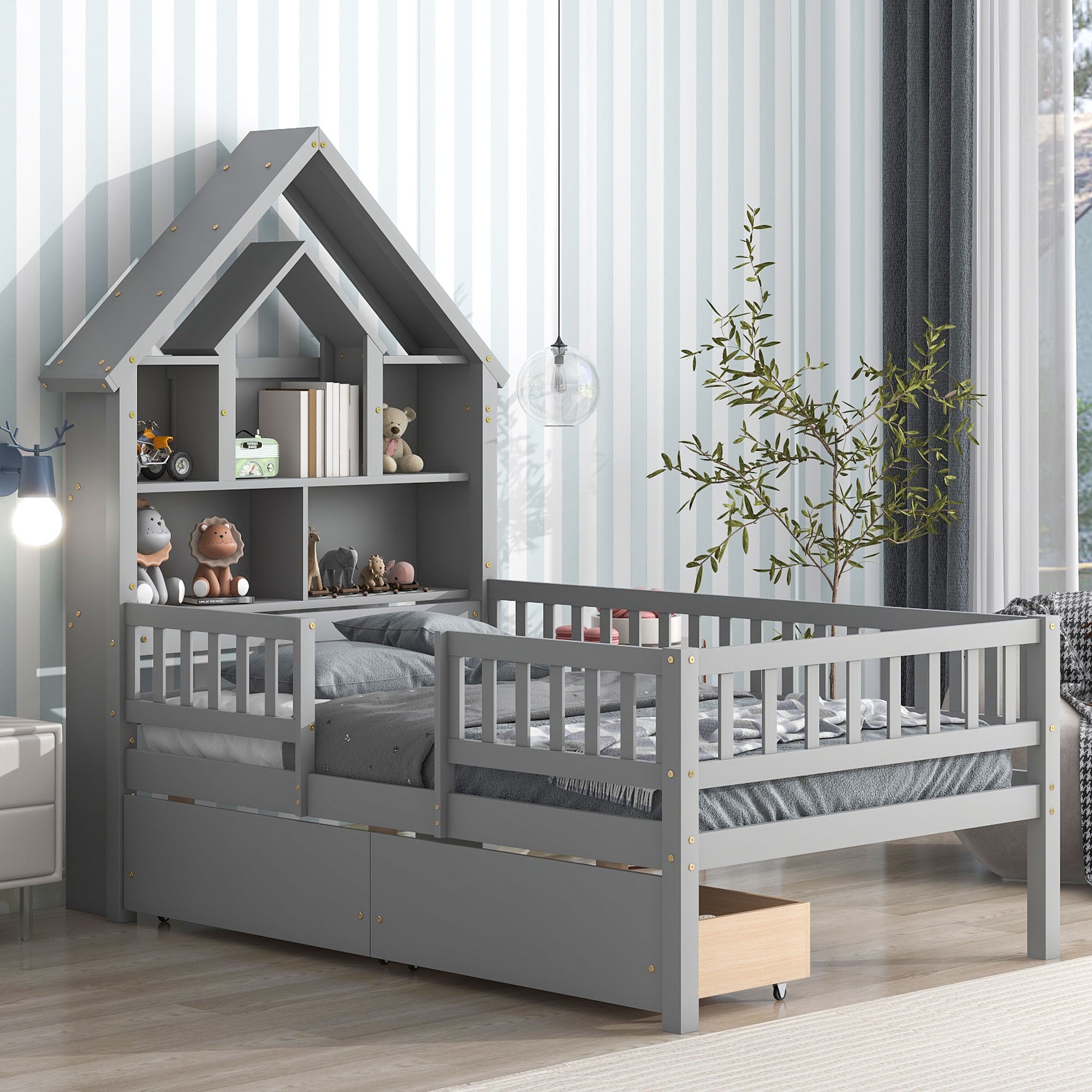 Twin Size House-Shaped Headboard Wood Frame Platform Bed with Fence Guardrails and Drawers