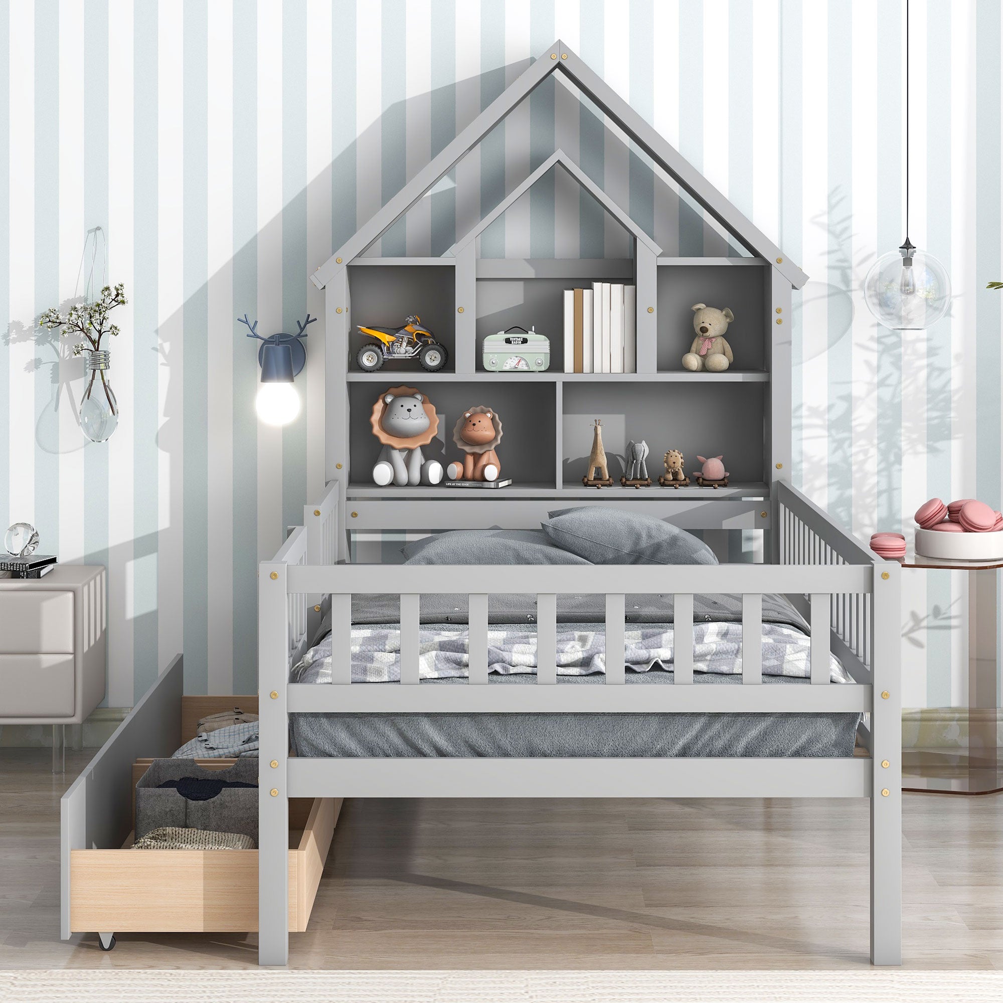 Twin Size House-Shaped Headboard Wood Frame Platform Bed with Fence Guardrails and Drawers