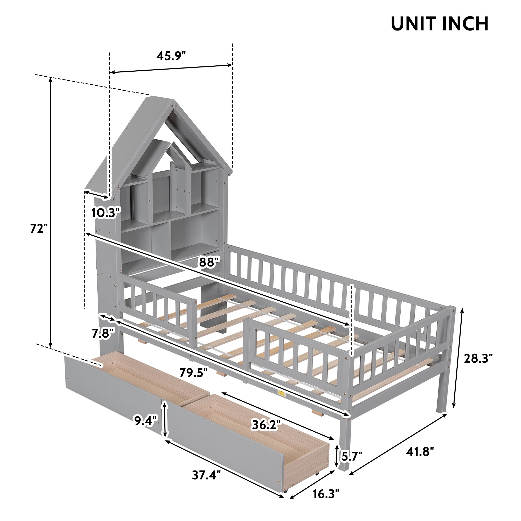 Twin Size House-Shaped Headboard Wood Frame Platform Bed with Fence Guardrails and Drawers