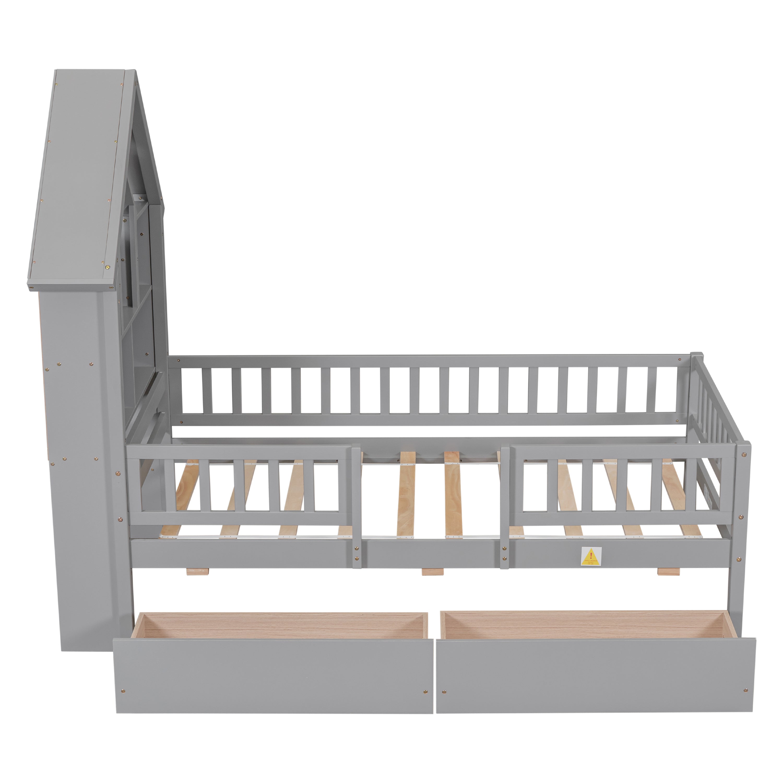 Twin Size House-Shaped Headboard Wood Frame Platform Bed with Fence Guardrails and Drawers